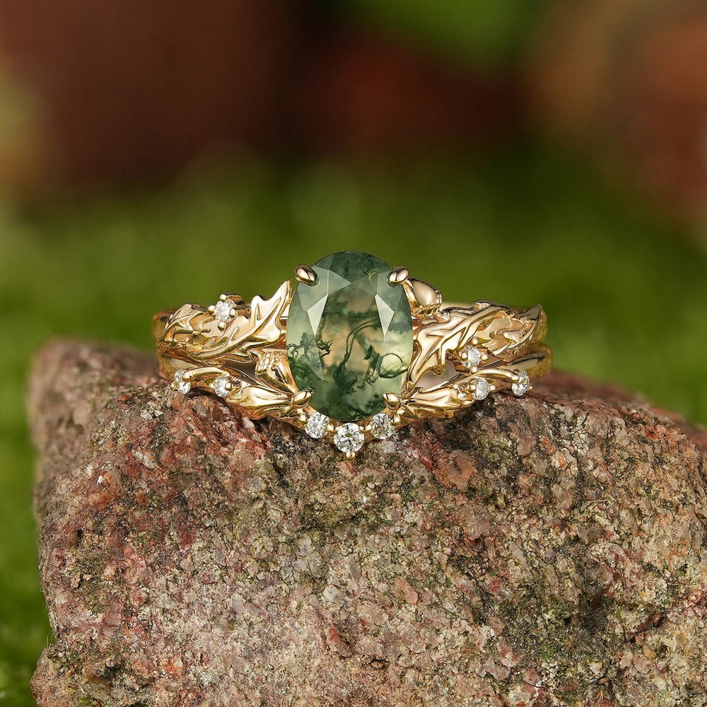 Leaf Inspired | Moss Agate Engagement Ring Set with Oak Leaf Design