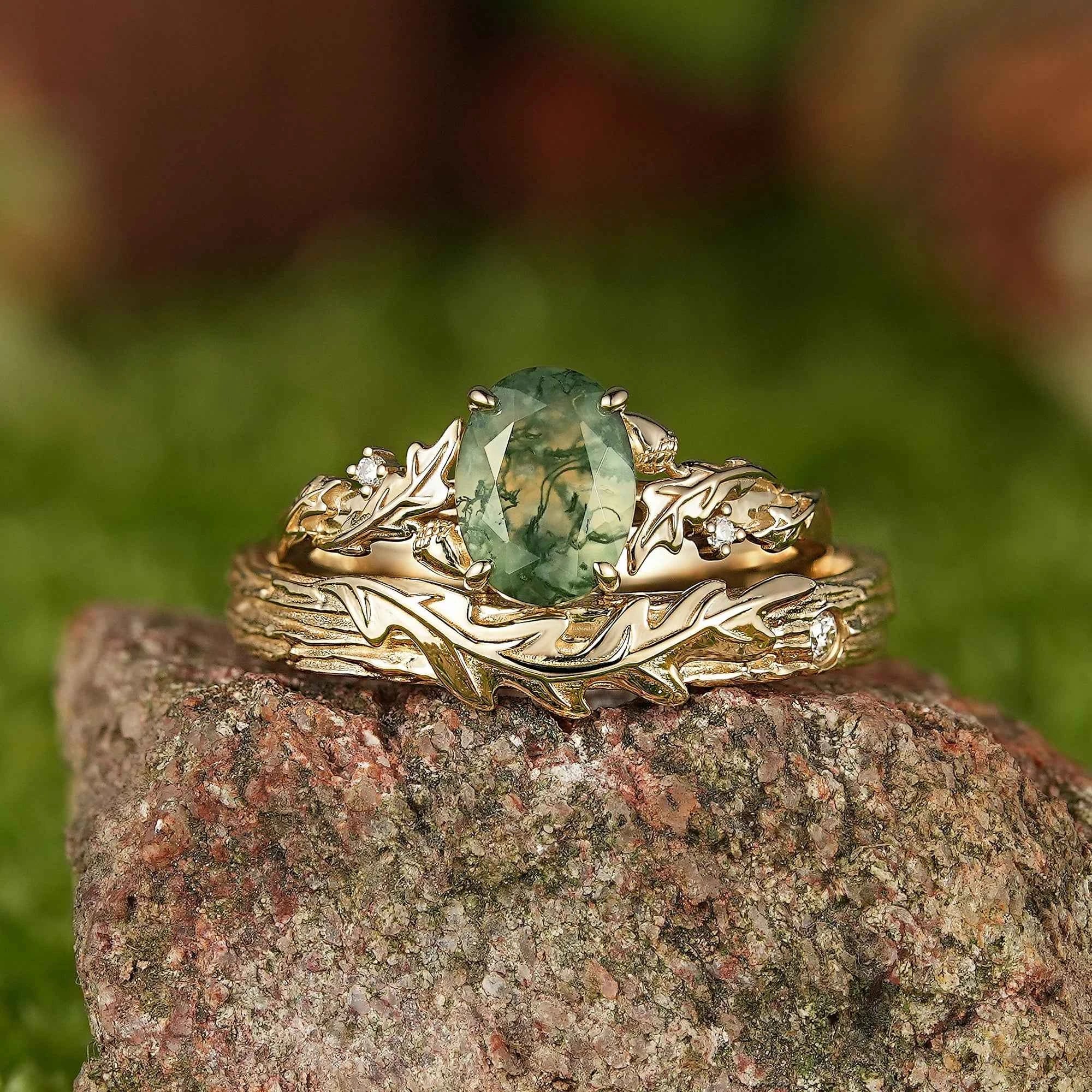Leaf Inspired| 2pcs Oak Leaf Design Moss Agate Couple Ring Set