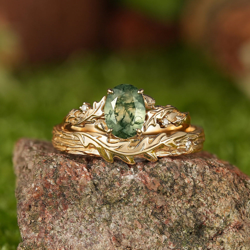 Leaf Inspired| 2pcs Oak Leaf Design Moss Agate Couple Ring Set