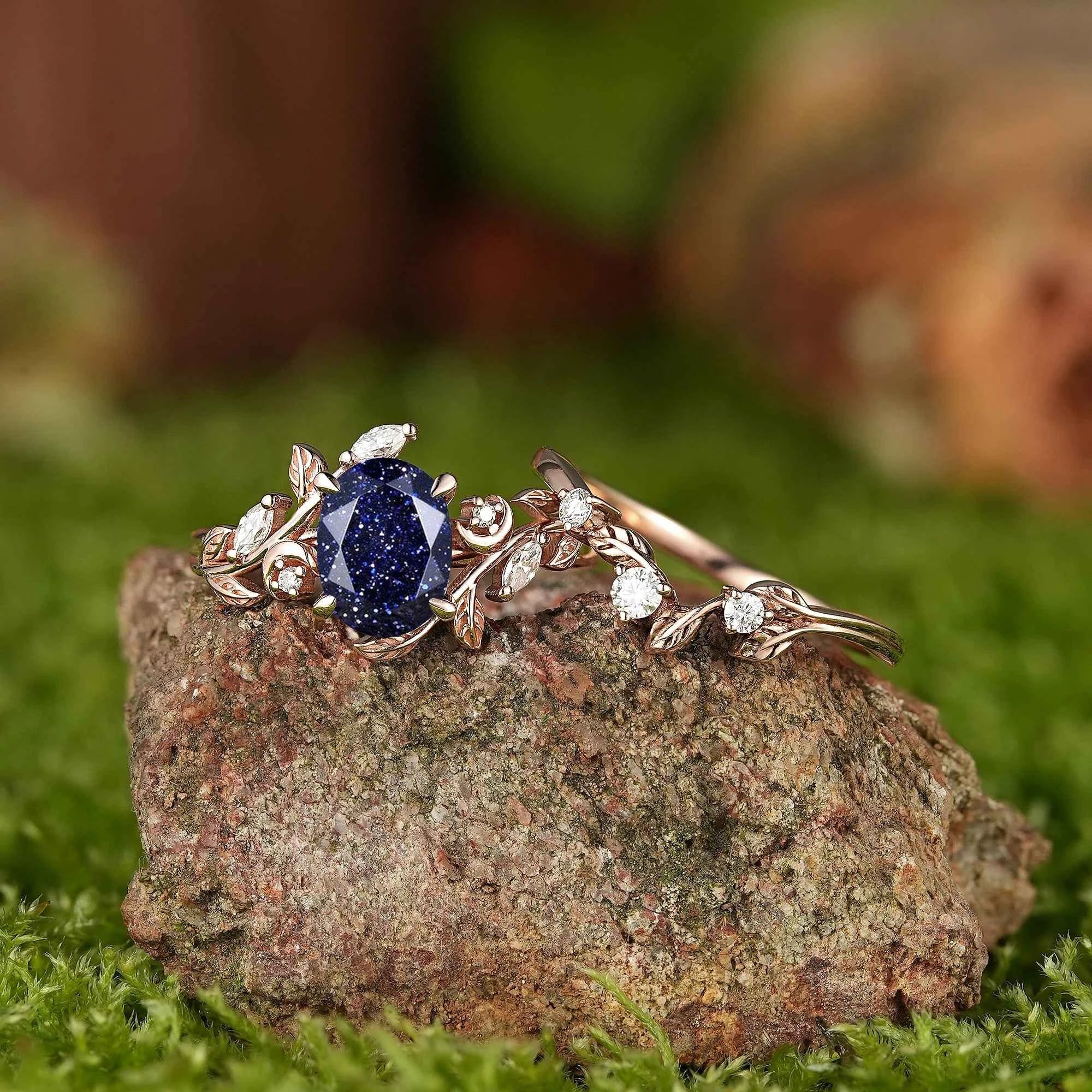 LCCjewelry | Sapphire Leaf and Moon Engagement Ring Set