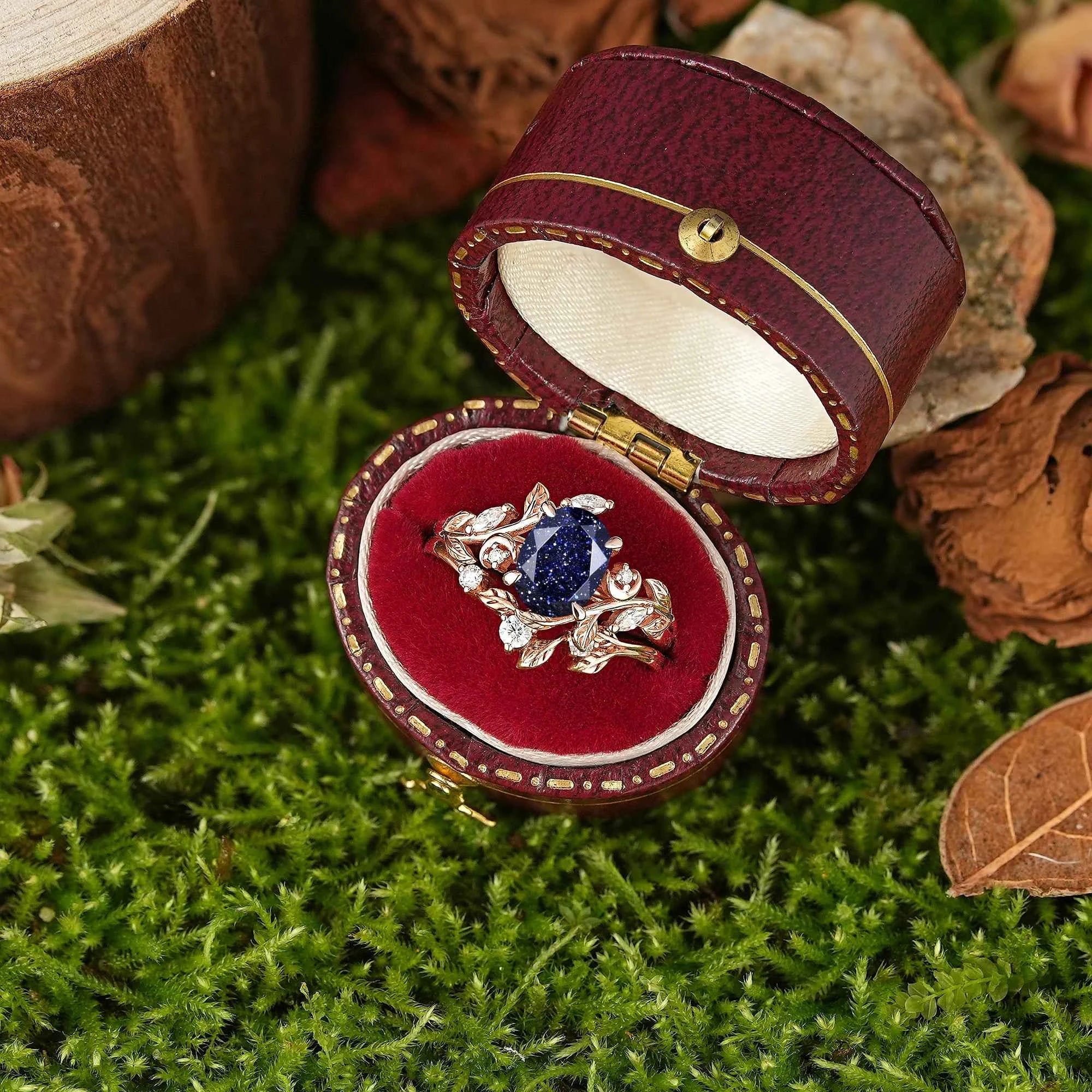 LCCjewelry | Sapphire Leaf and Moon Engagement Ring Set