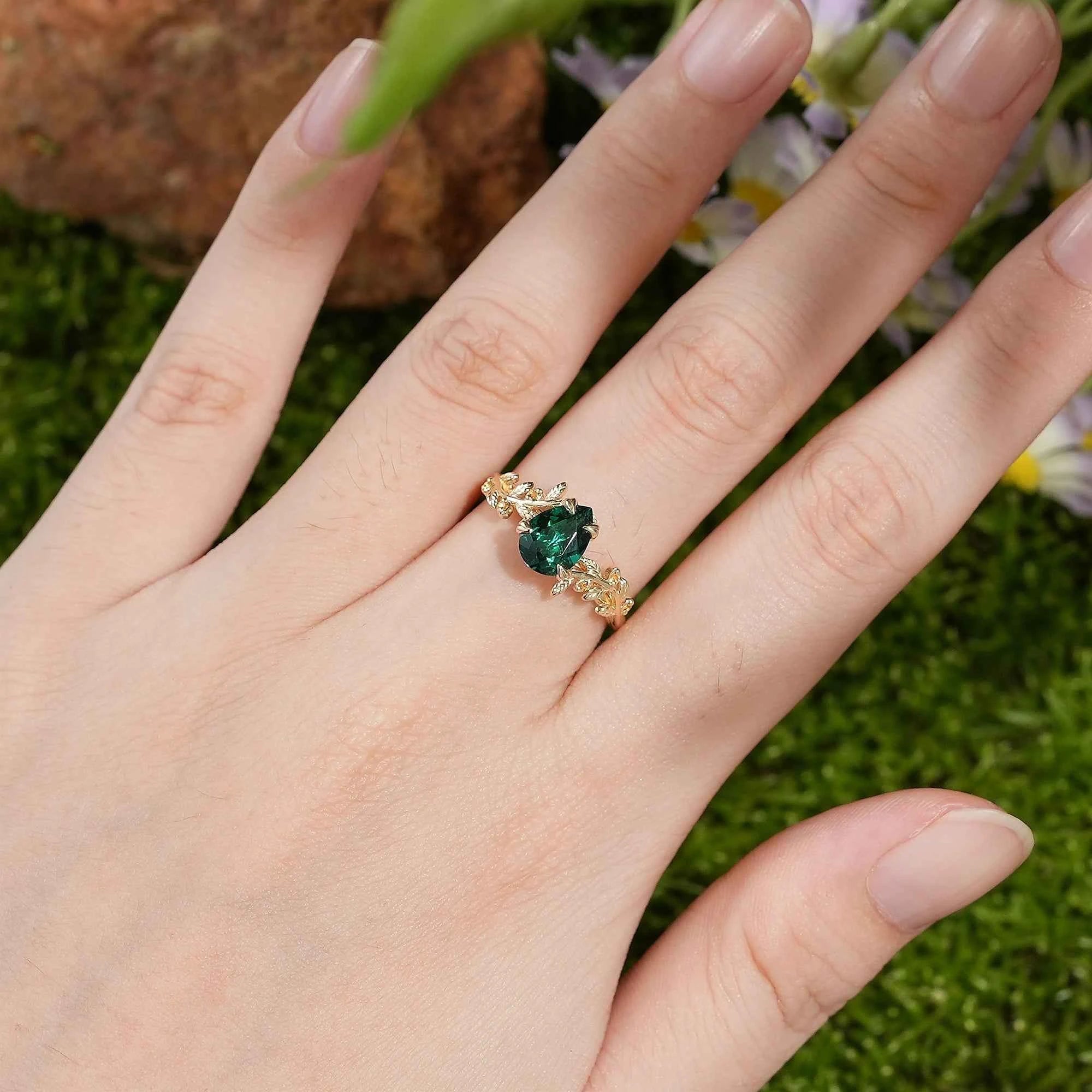 LCCjewelry | Leaf Inspired Pear Cut Emerald Engagement Ring