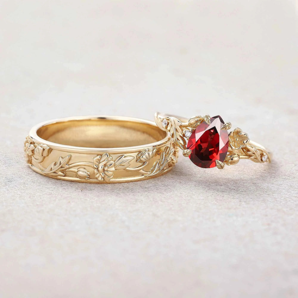 Floral Inspired | 2pcs Poppy Design Ruby Couple Rings Set