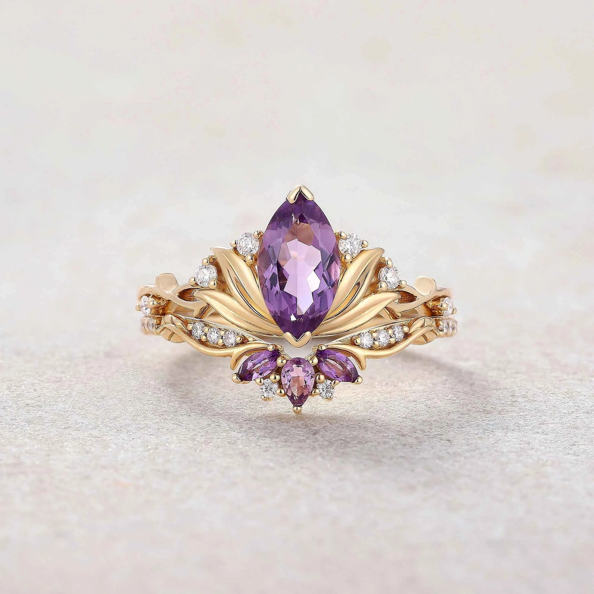 Floral Inspired | Amethyst Water Lily Engagement Ring Set