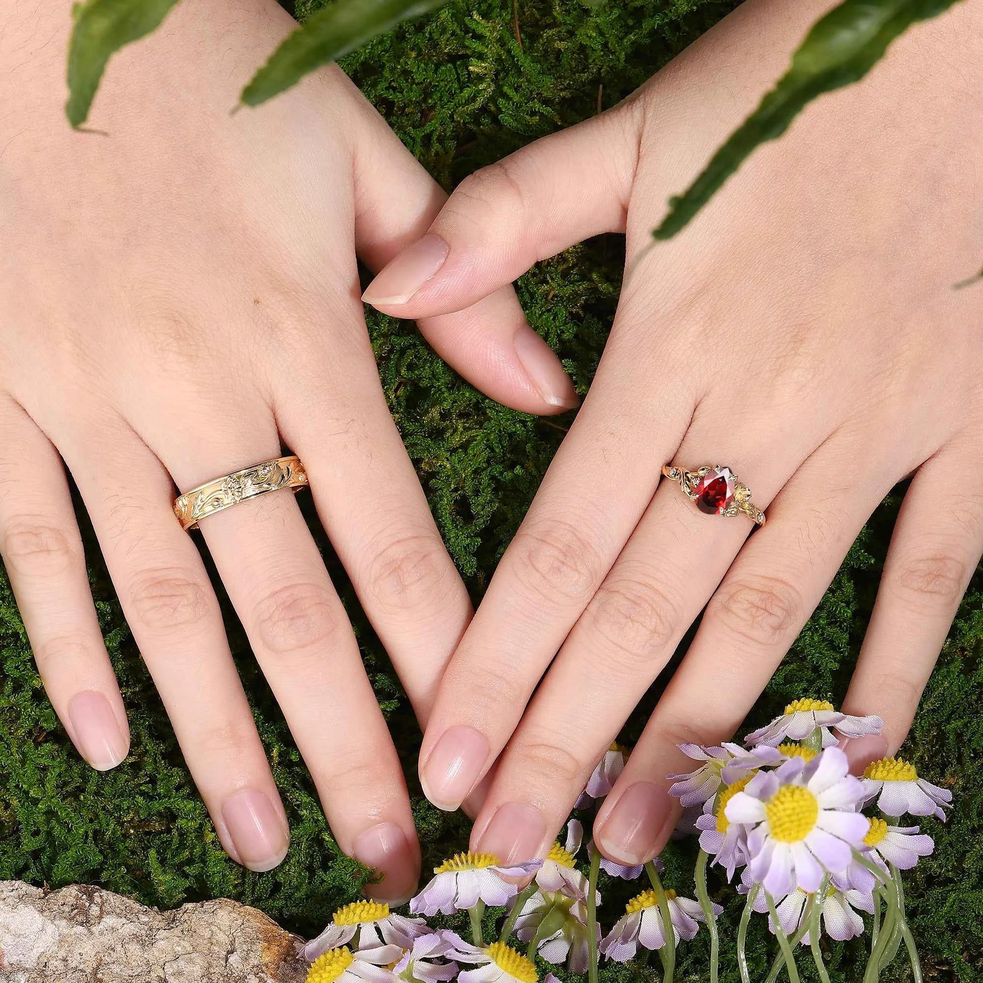 Floral Inspired | 2pcs Poppy Design Ruby Couple Rings Set