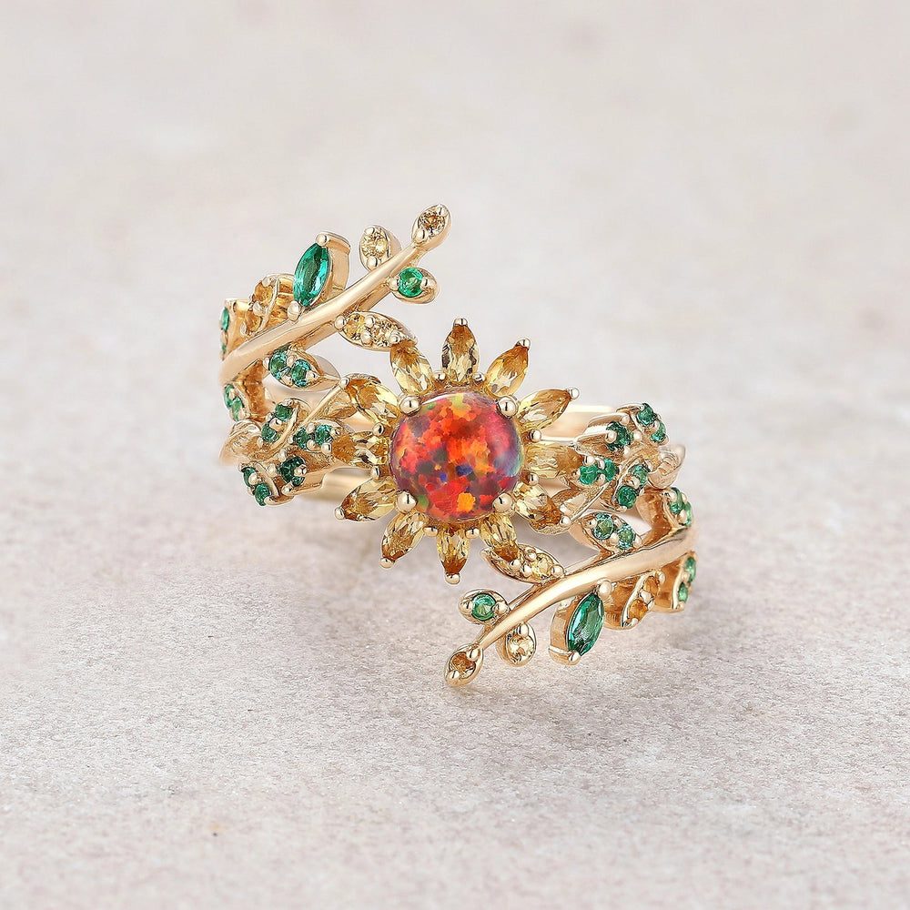 One of a Kind Sunflower Design Engagement Ring Set | LCCjewelry