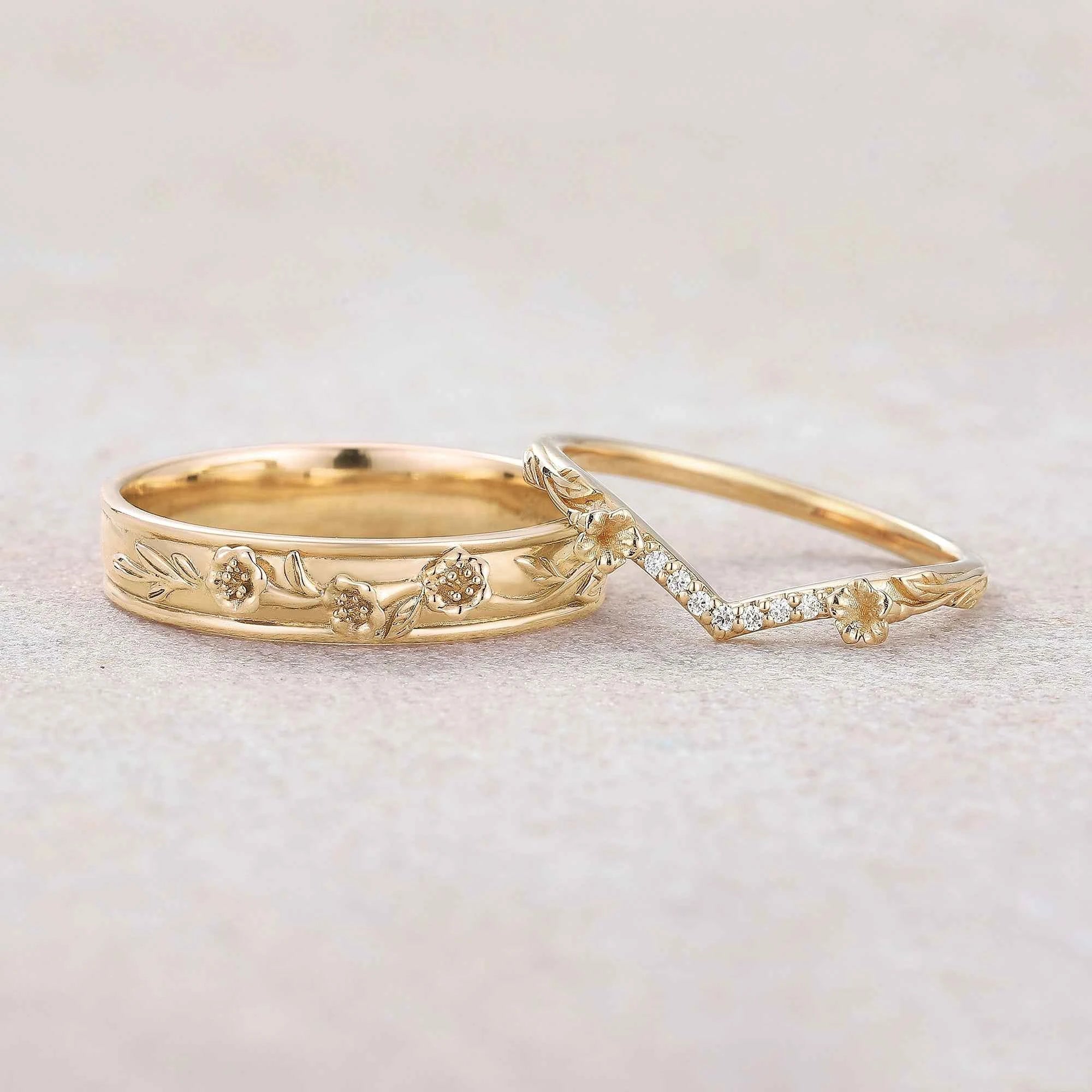 Floral Inspired | 2pc Morning Glory Flower Design Wedding Ring Set