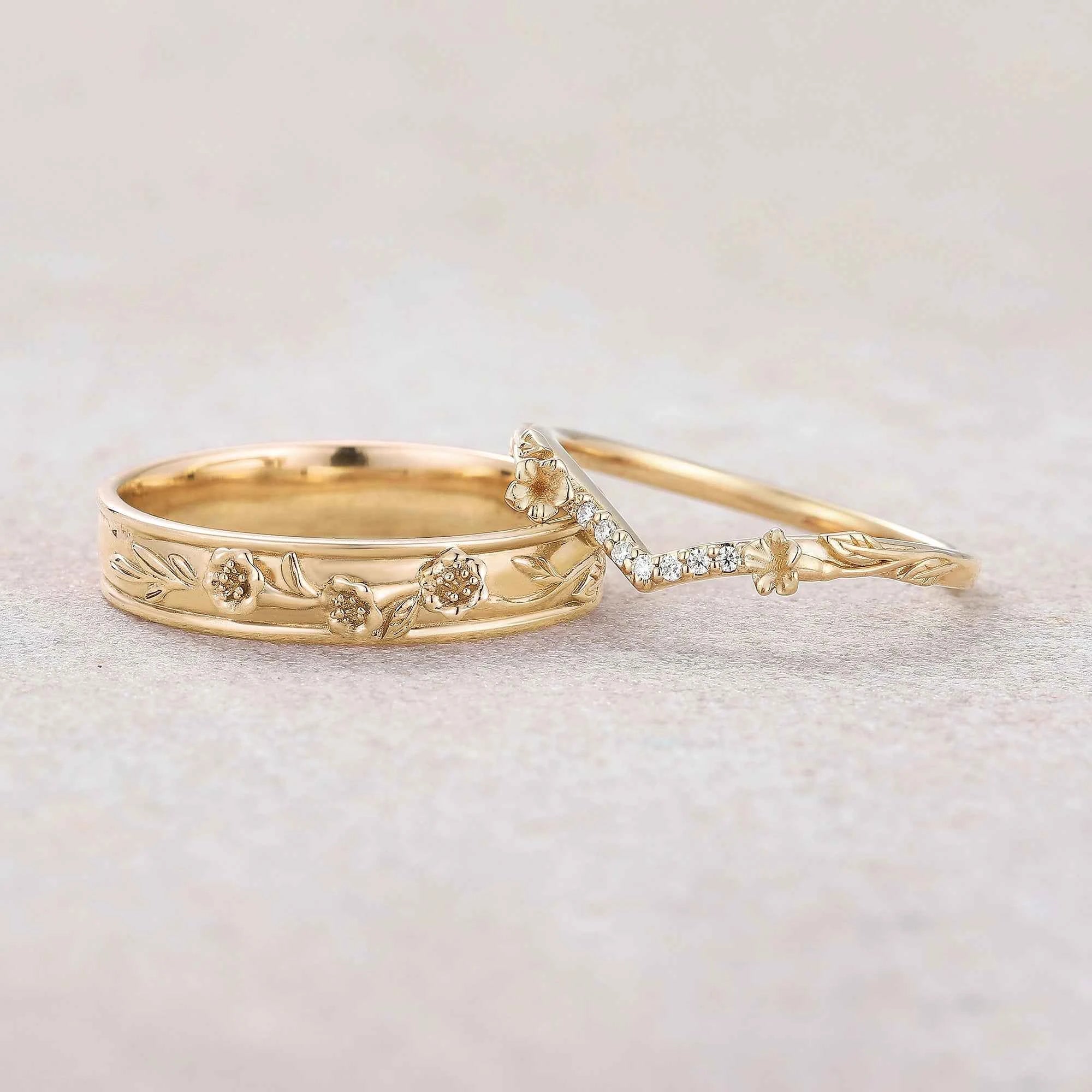 Floral Inspired | 2pc Morning Glory Flower Design Wedding Ring Set