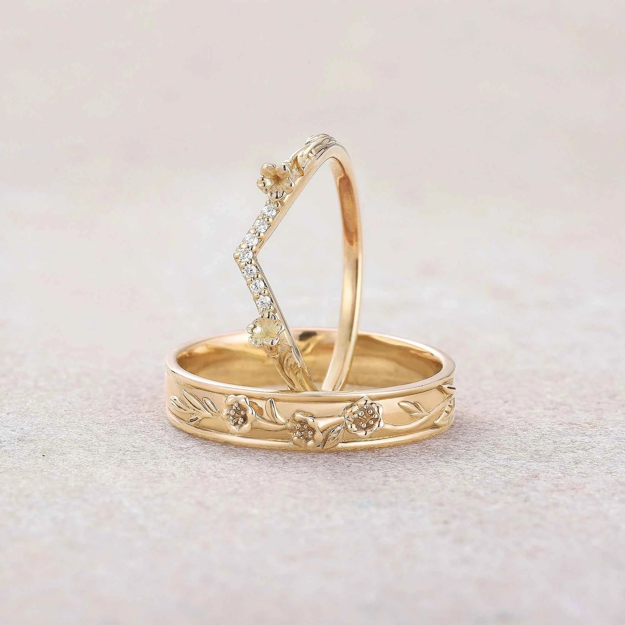 Floral Inspired | 2pc Morning Glory Flower Design Wedding Ring Set