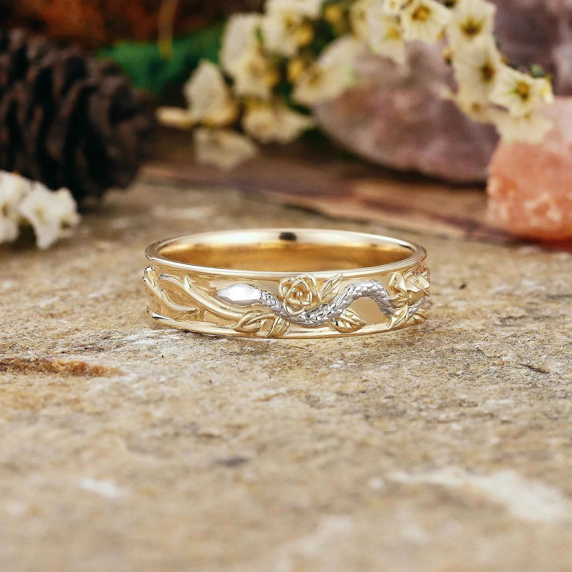 Halloween Theme Serpent Rose Wedding Band