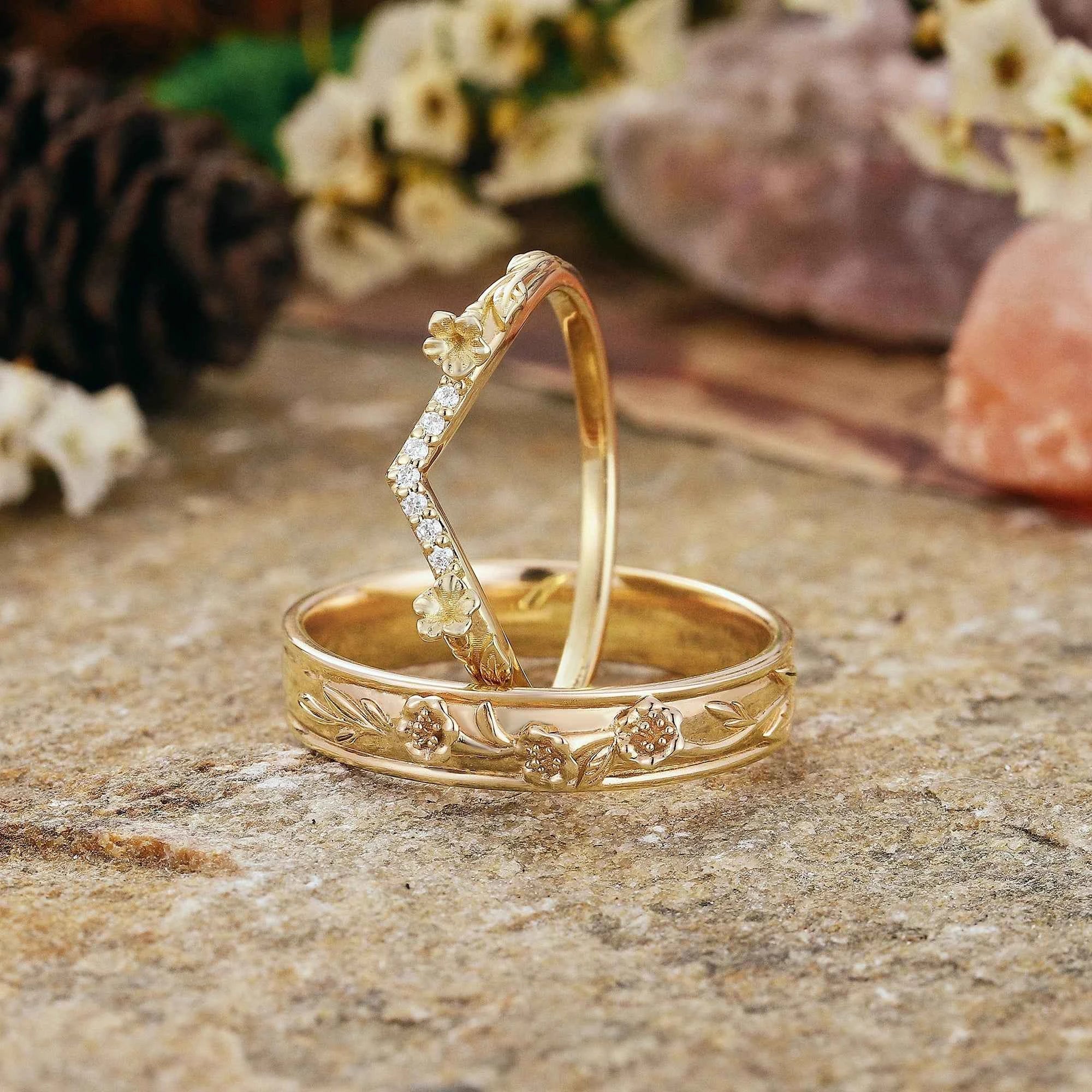 Floral Inspired | 2pc Morning Glory Flower Design Wedding Ring Set