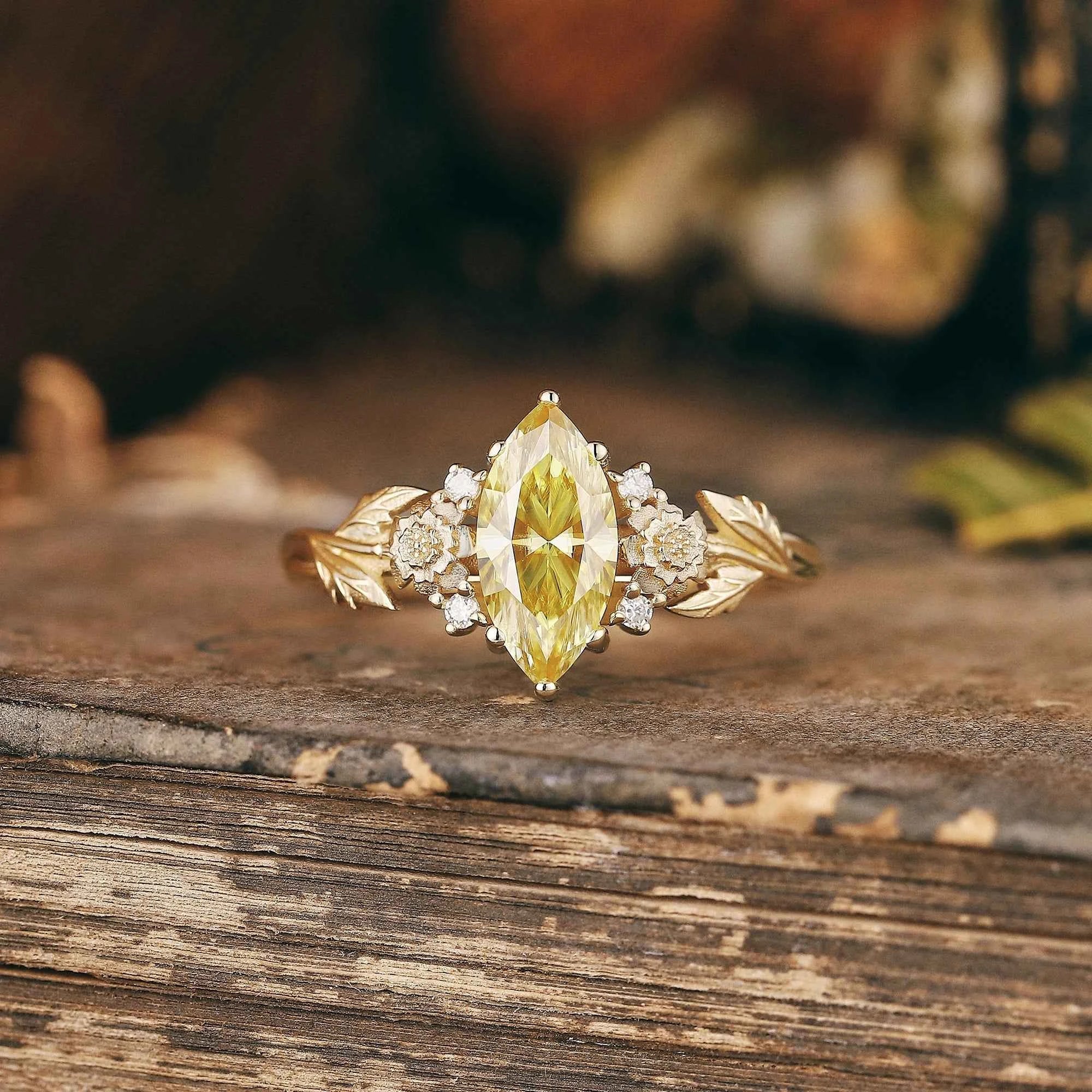 Floral Inspired | Chrysanthemum Design Yellow Moissanite Engagement Ring