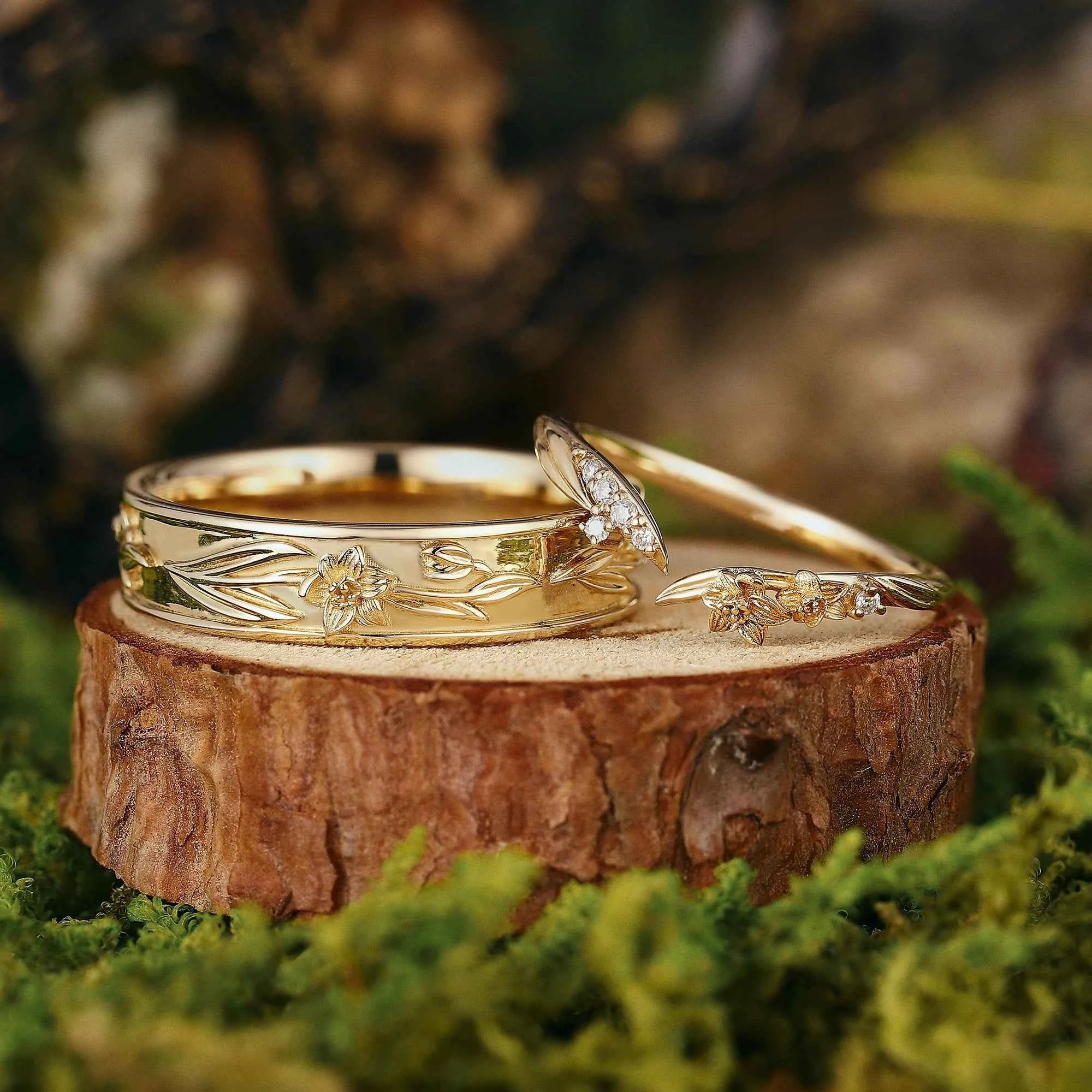 Floral Inspired | 2pc Daffodils Flower Design Wedding Ring Set