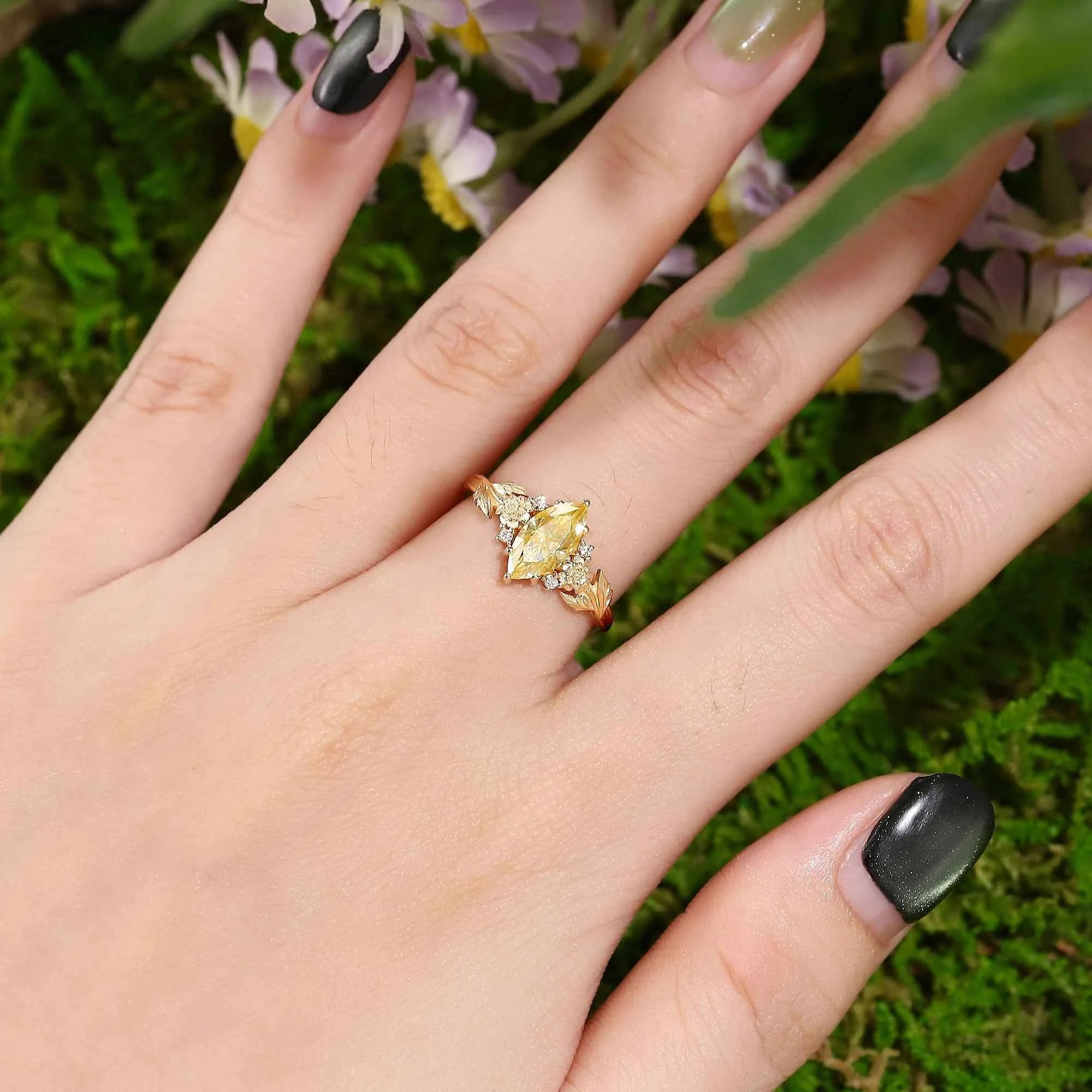 Floral Inspired | Chrysanthemum Design Yellow Moissanite Engagement Ring