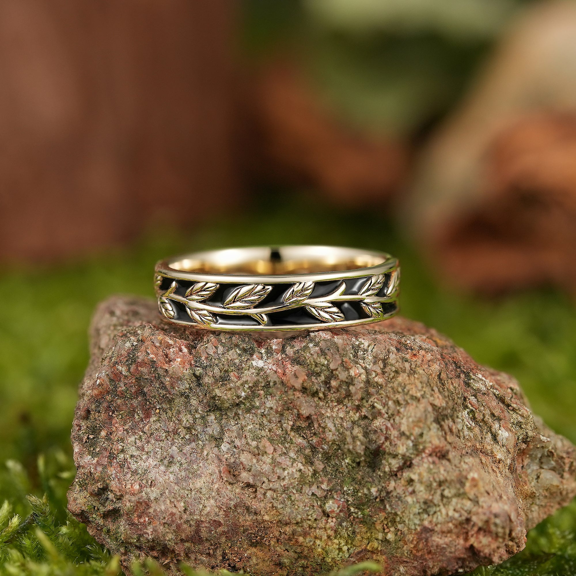 LCCjewelry | Nature Inspired Leaf Design Black Enamel Wedding Band - LCCjewelry
