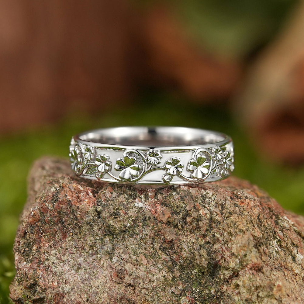 Leaf Inspired |  White Gold Four Leaf Clover Design Mens Wedding Band - LCCjewelry
