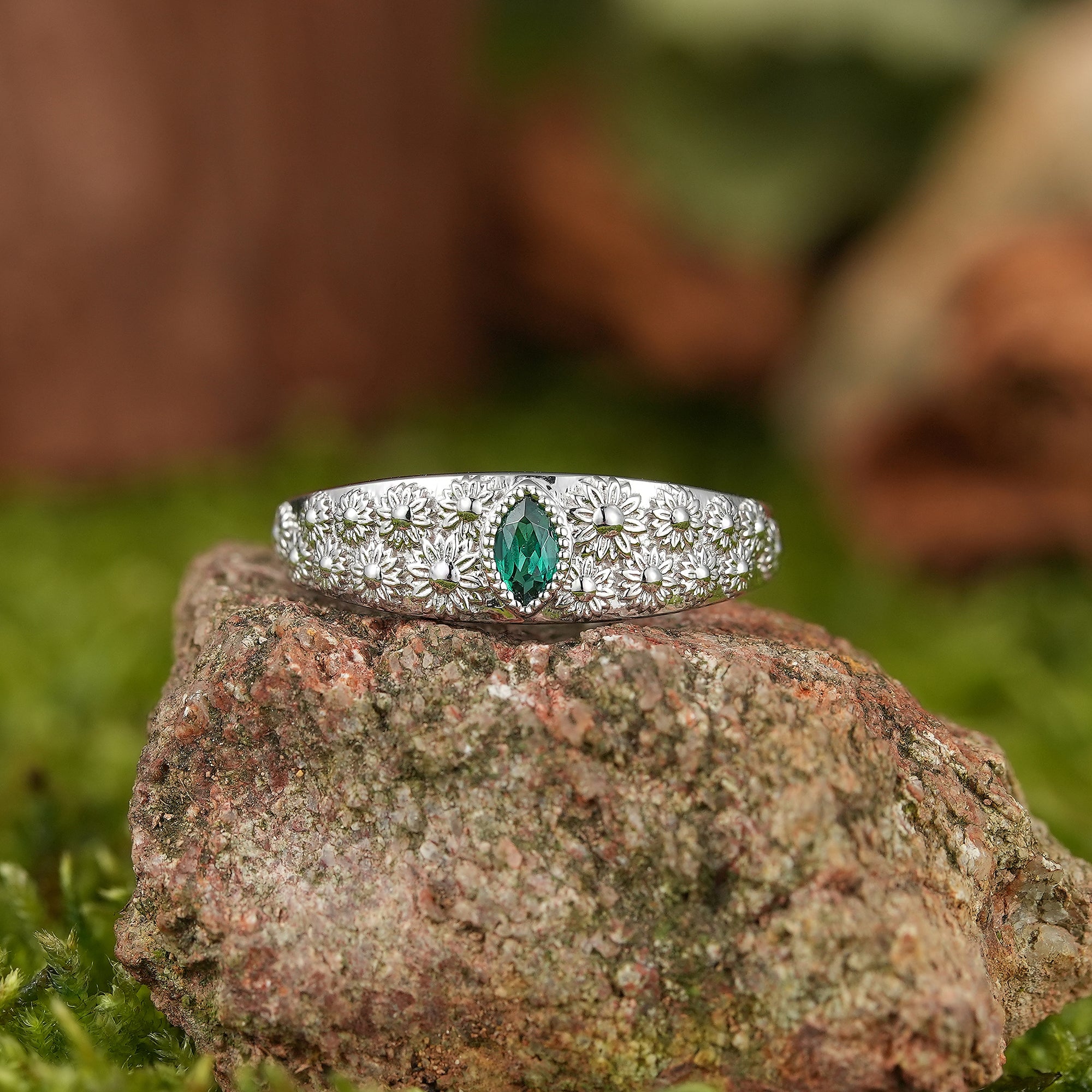 LCCjewelry | White Gold Sunflower Design Emerald Men's Wedding Signet Ring - LCCjewelry