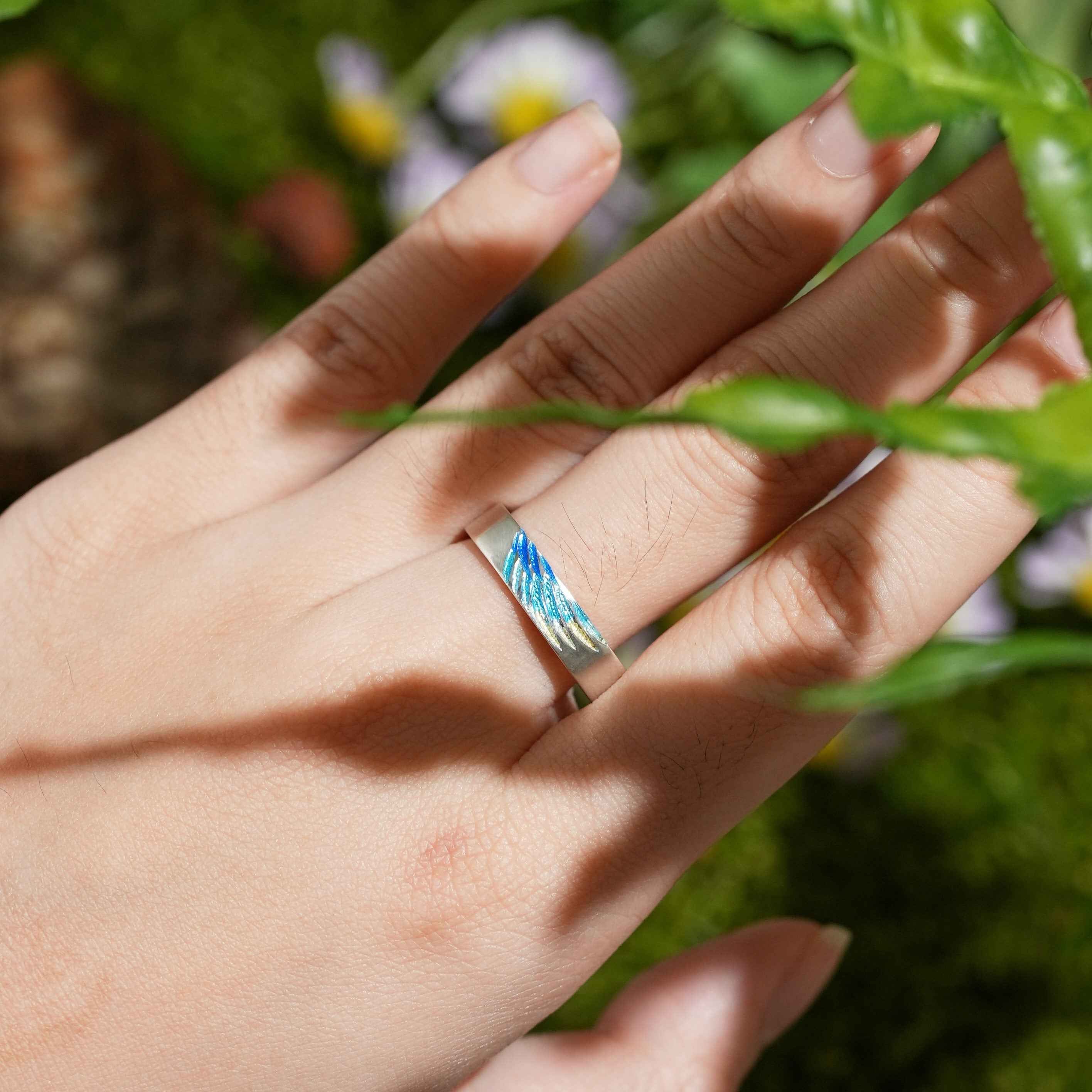 LCCjewelry | Unique Blue Feather Design Enamel Wedding Band