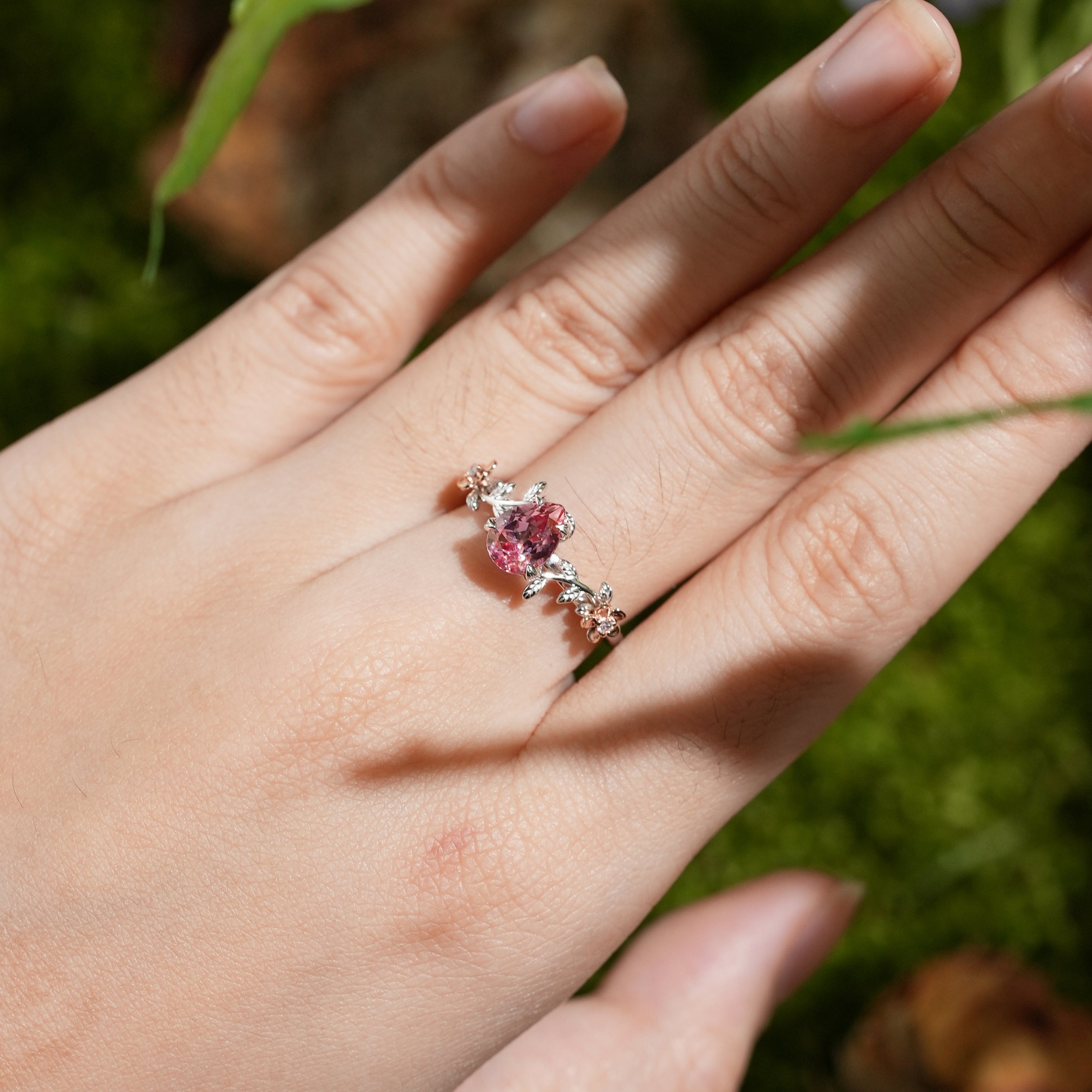 LCCjewelry | Nature Inspired Branch & Flower Papalacha Engagement Ring - LCCjewelry