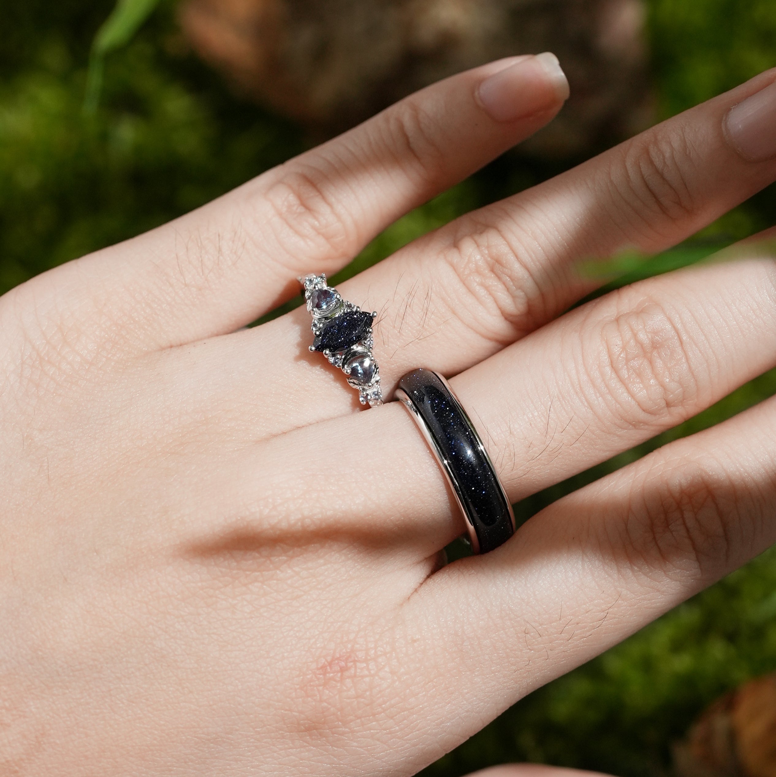 Moon Inspired |  White Gold Sandstone Couple Rings Nature Inspired Leaf Design Engagement Ring - LCCjewelry