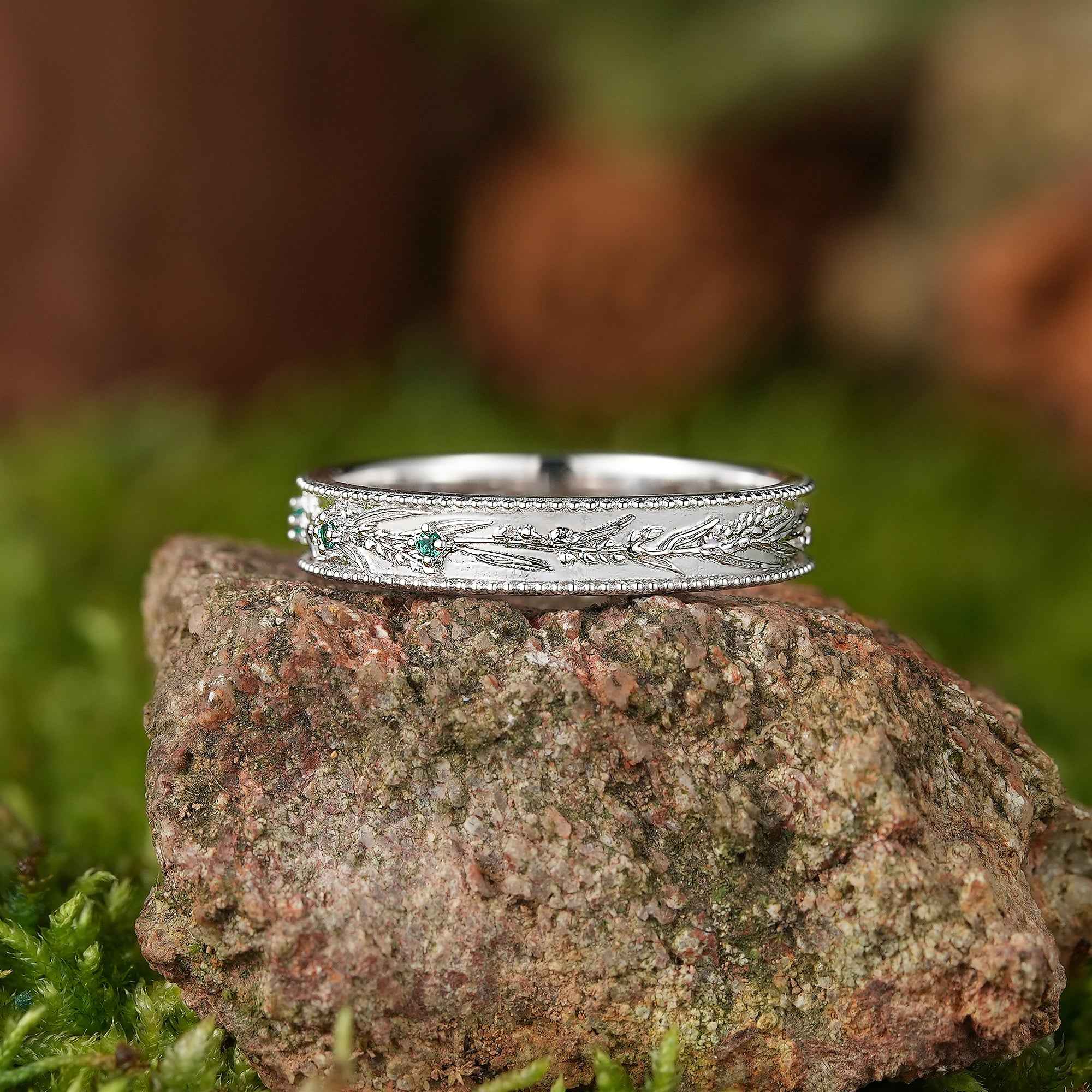 Floral Inspired | Lavender Design Emerald Engraved Wedding Band