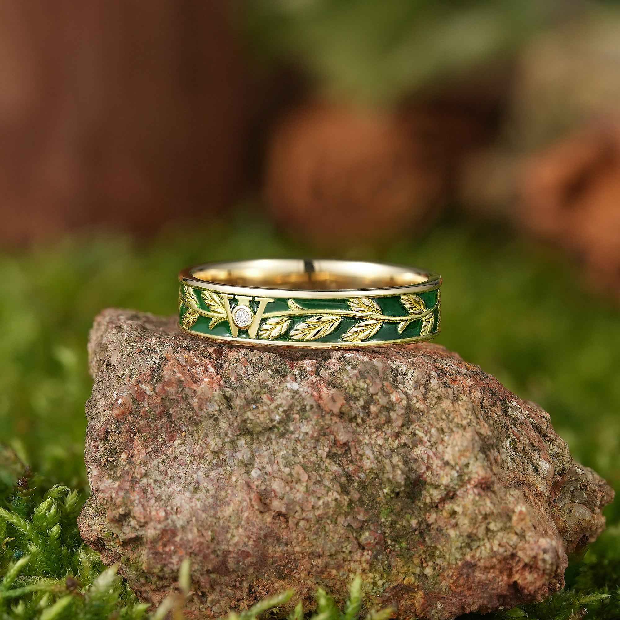 LCCjewelry | Nature Inspired Leaf Design Green Enamel Wedding Band