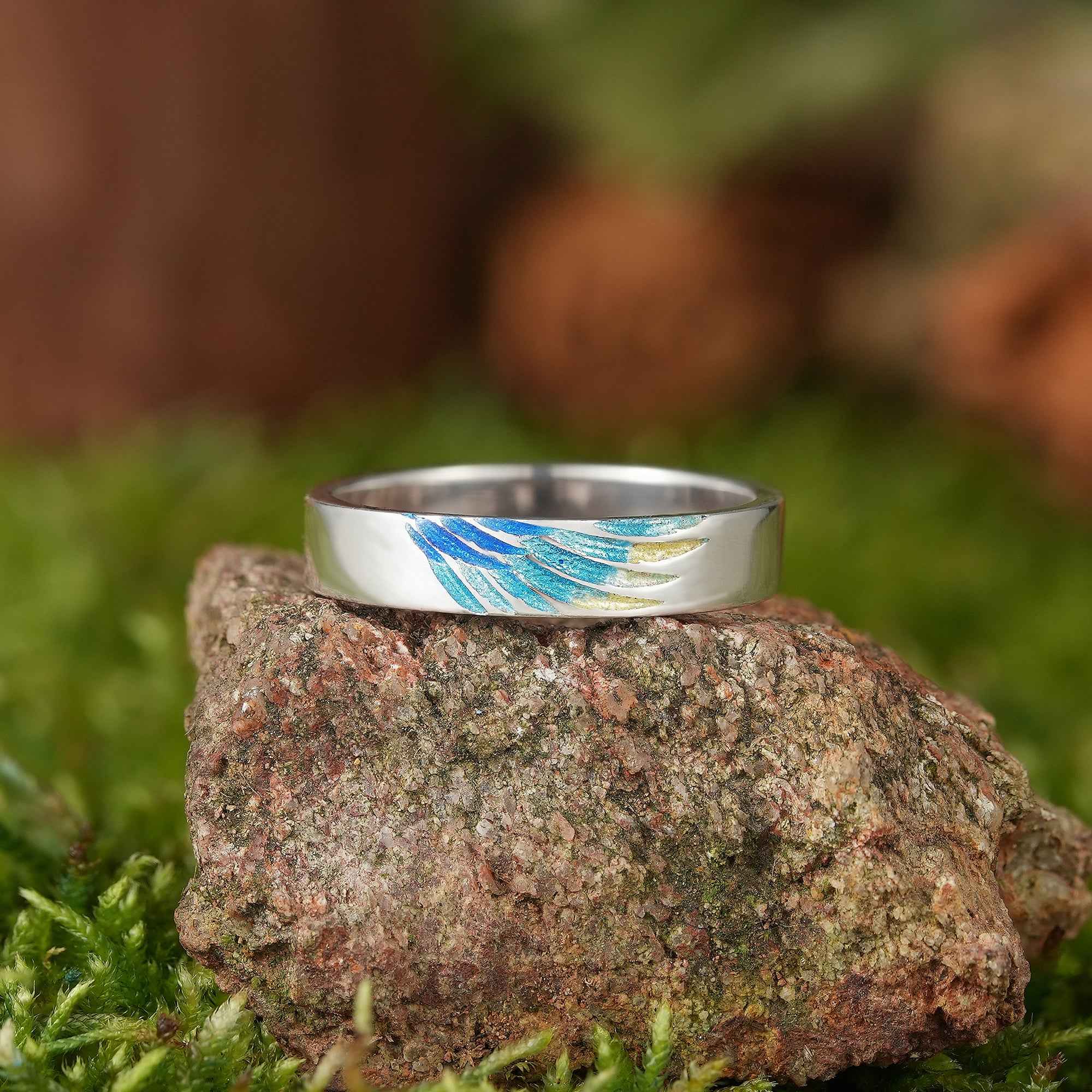 LCCjewelry | Unique Blue Feather Design Enamel Wedding Band