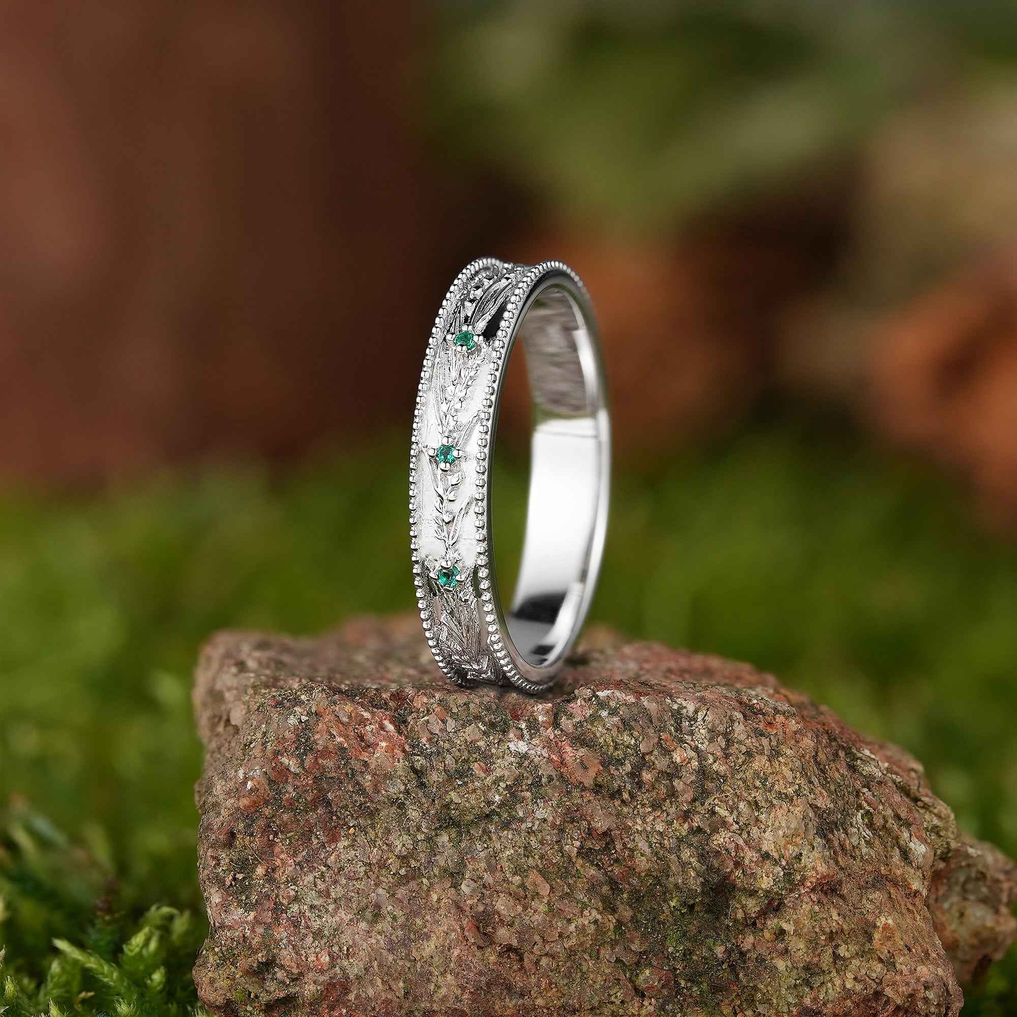 Floral Inspired | Lavender Design Emerald Engraved Wedding Band