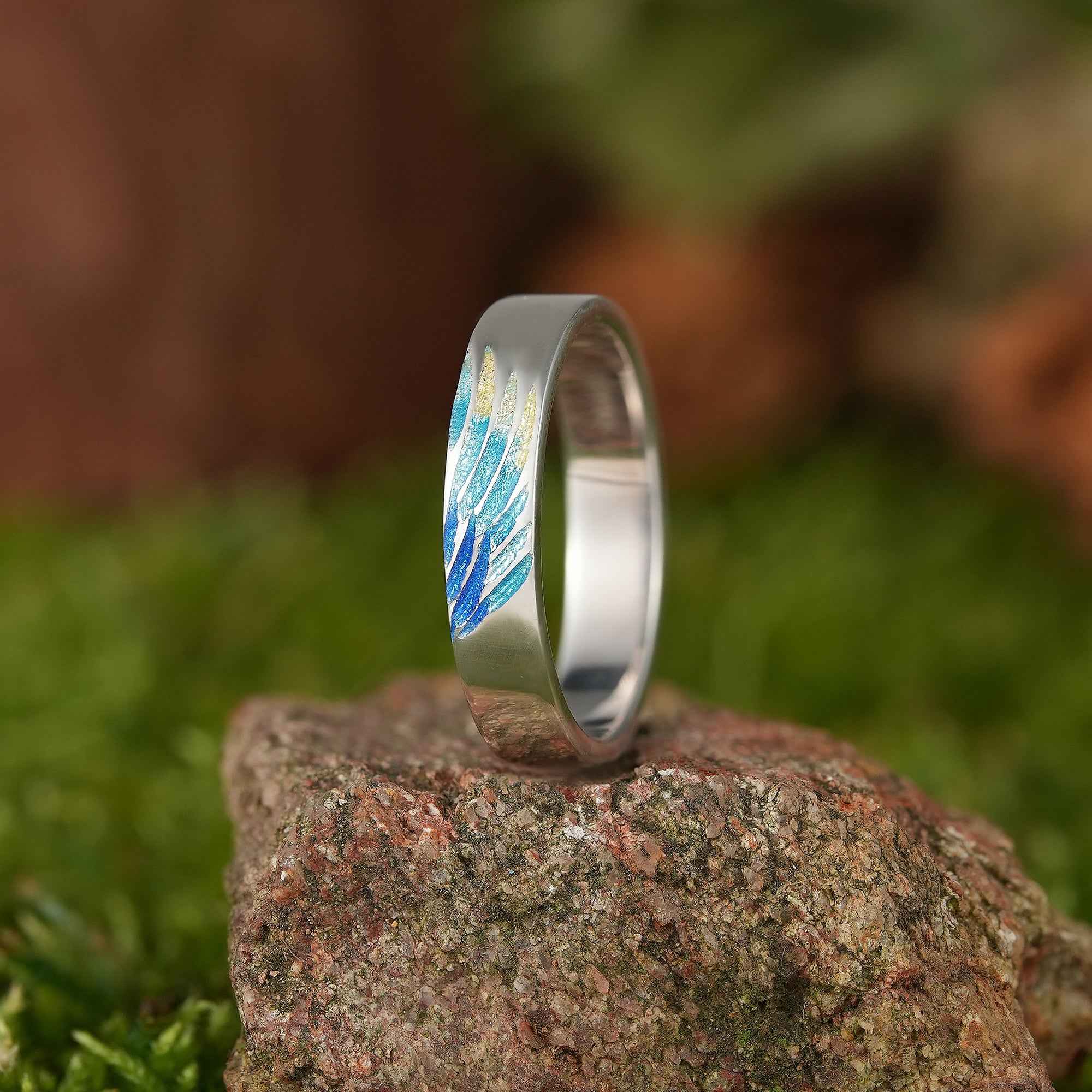 LCCjewelry | Unique Blue Feather Design Enamel Wedding Band