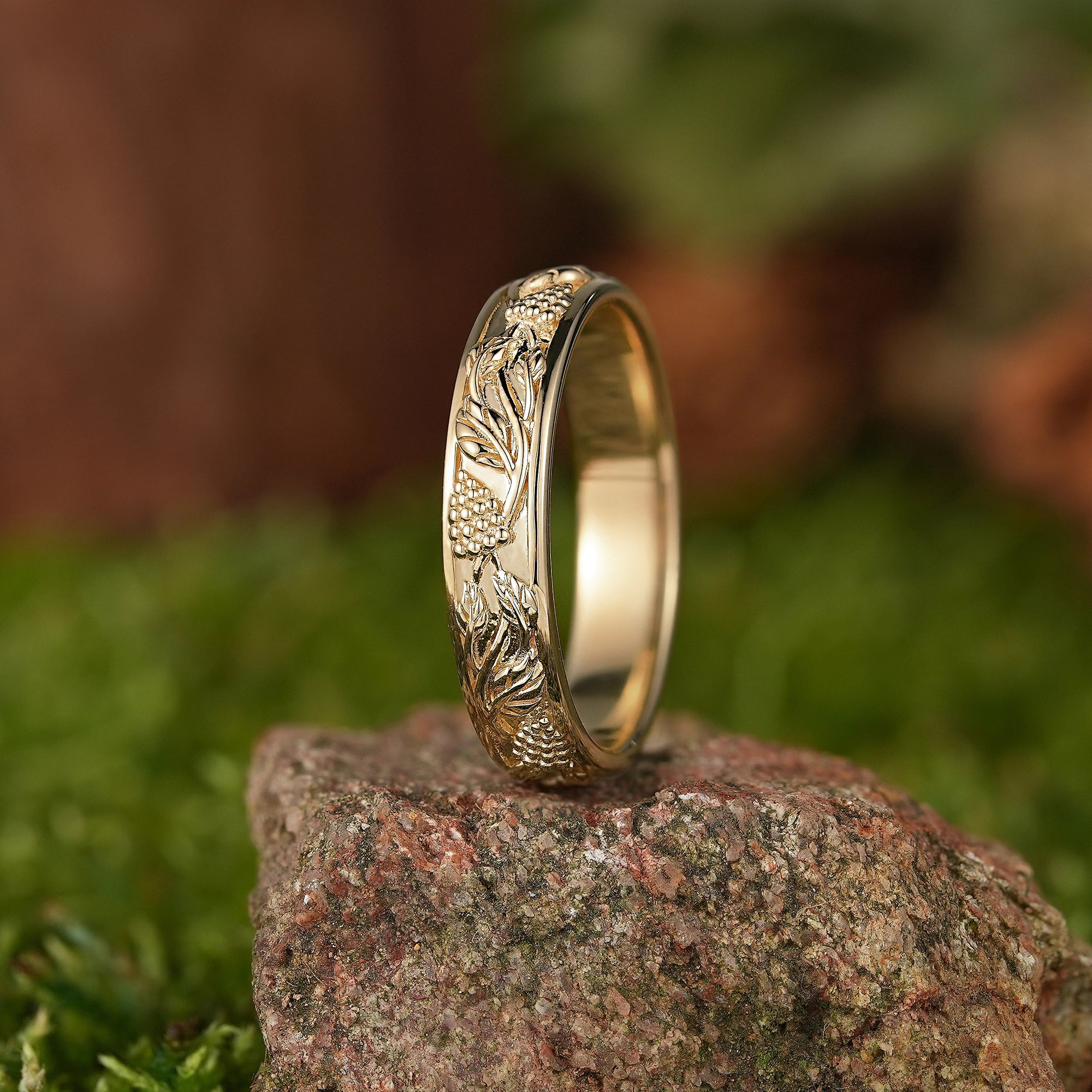 LCCjewelry | Unique Yellow Gold Leaf and Berry Design Wedding Band - LCCjewelry