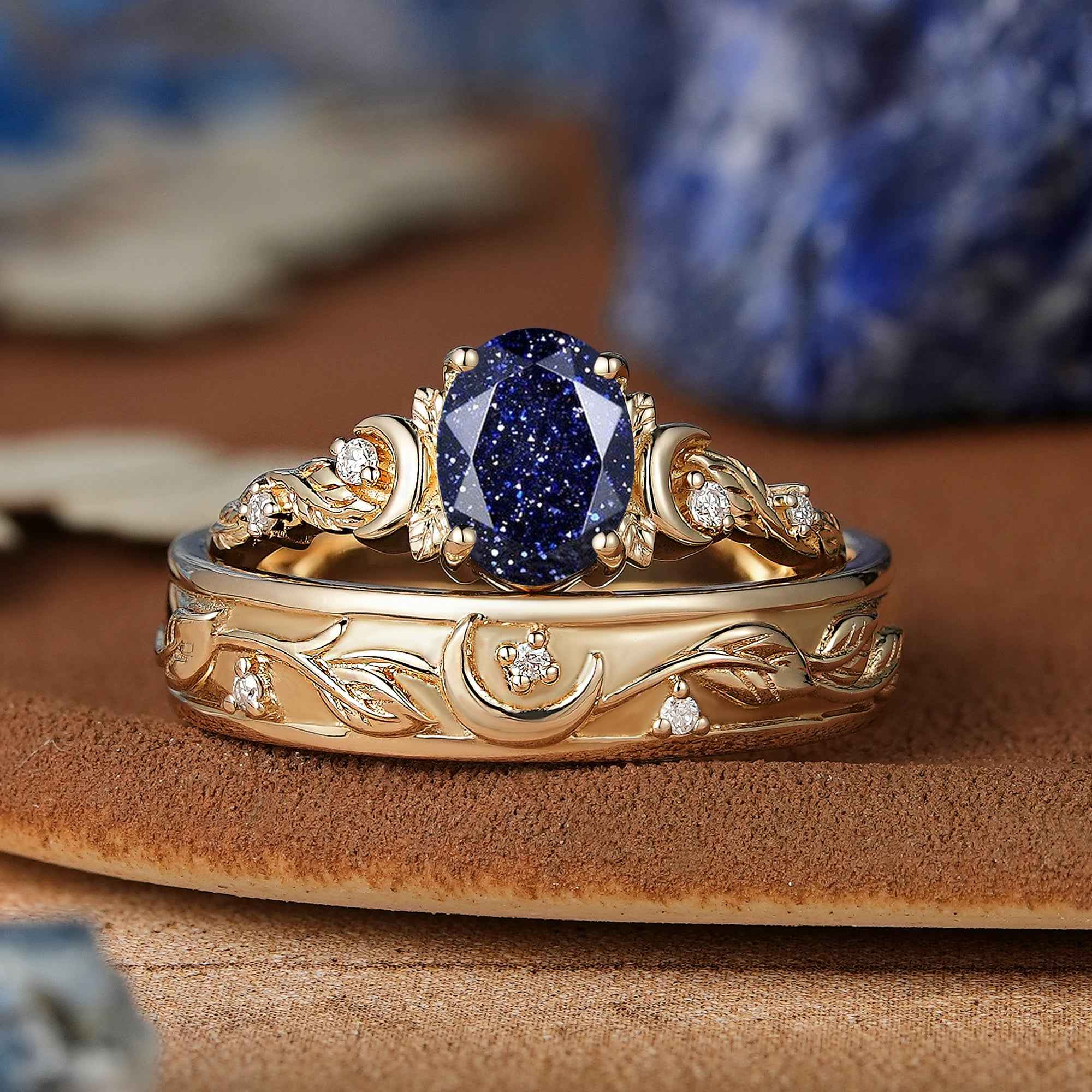 Moon Inspired | Sandstone Couple Rings Leaf & Moon