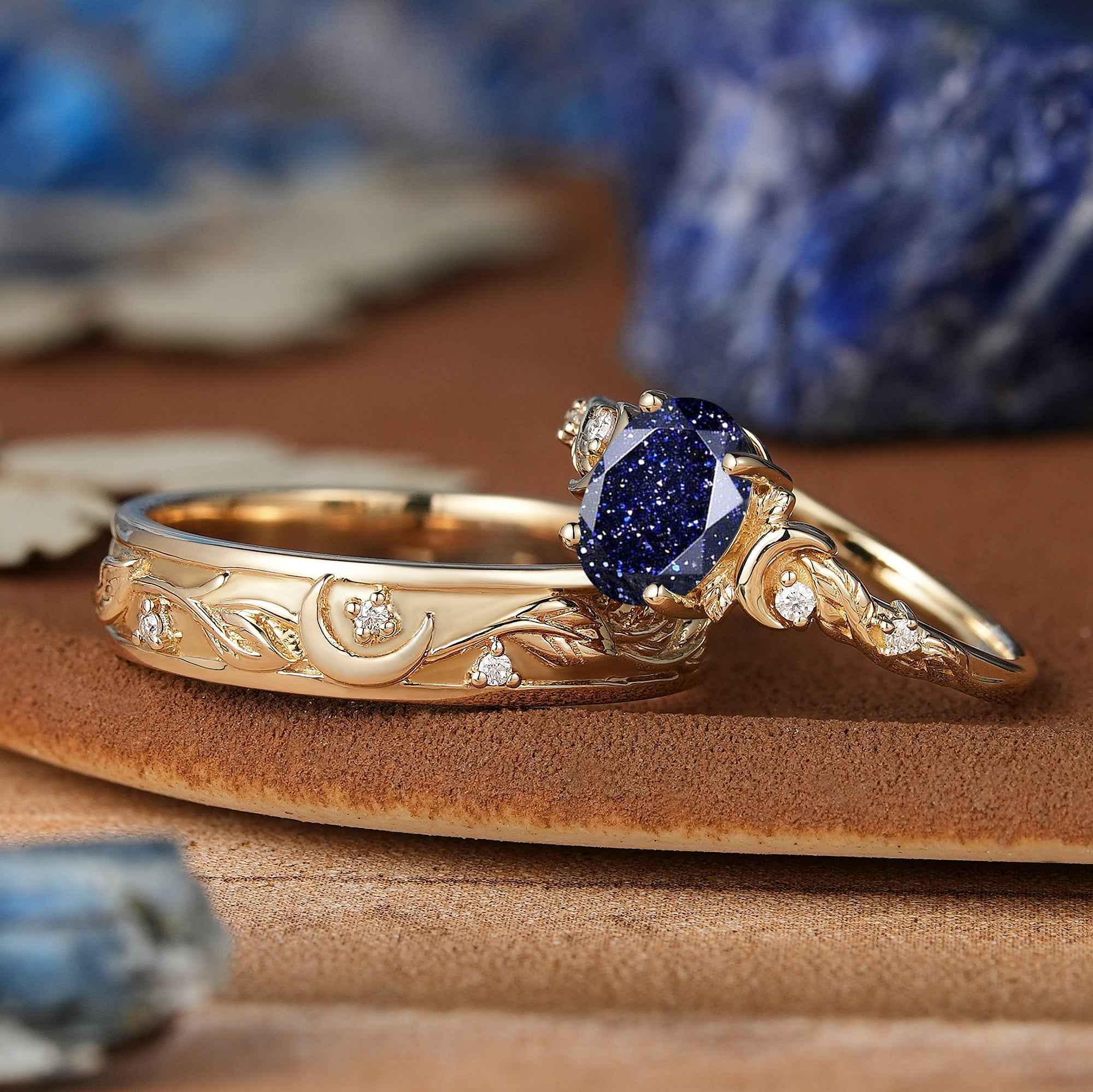 Moon Inspired | Sandstone Couple Rings Leaf & Moon