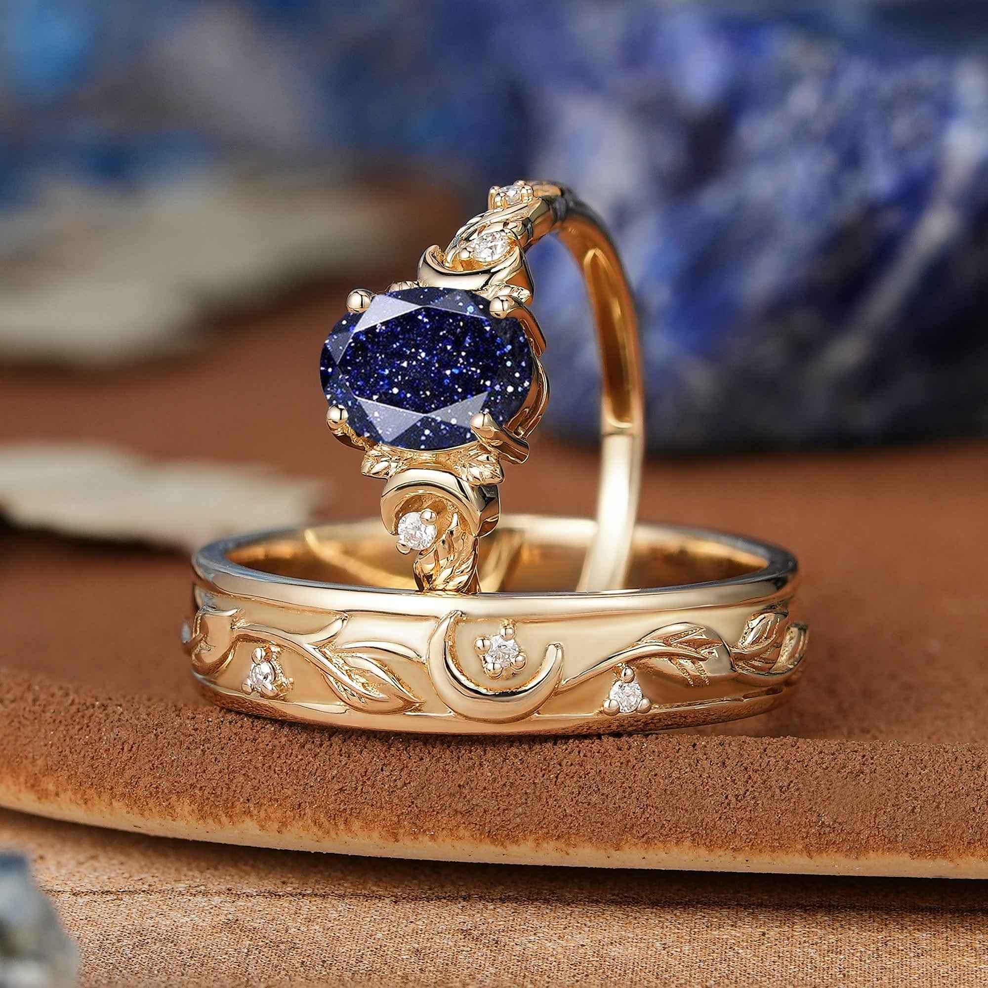 Moon Inspired | Sandstone Couple Rings Leaf & Moon