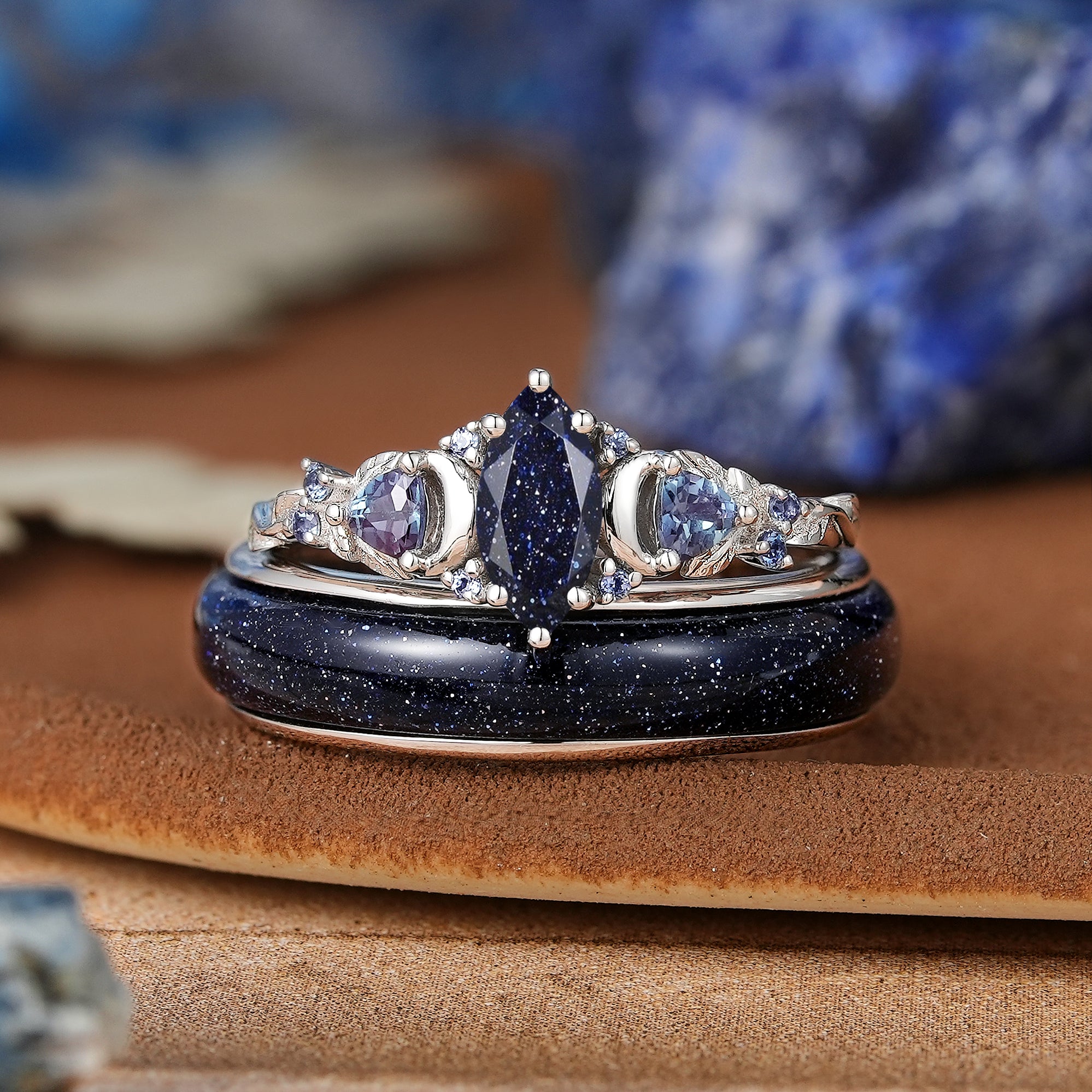 Moon Inspired |  White Gold Sandstone Couple Rings Nature Inspired Leaf Design Engagement Ring - LCCjewelry