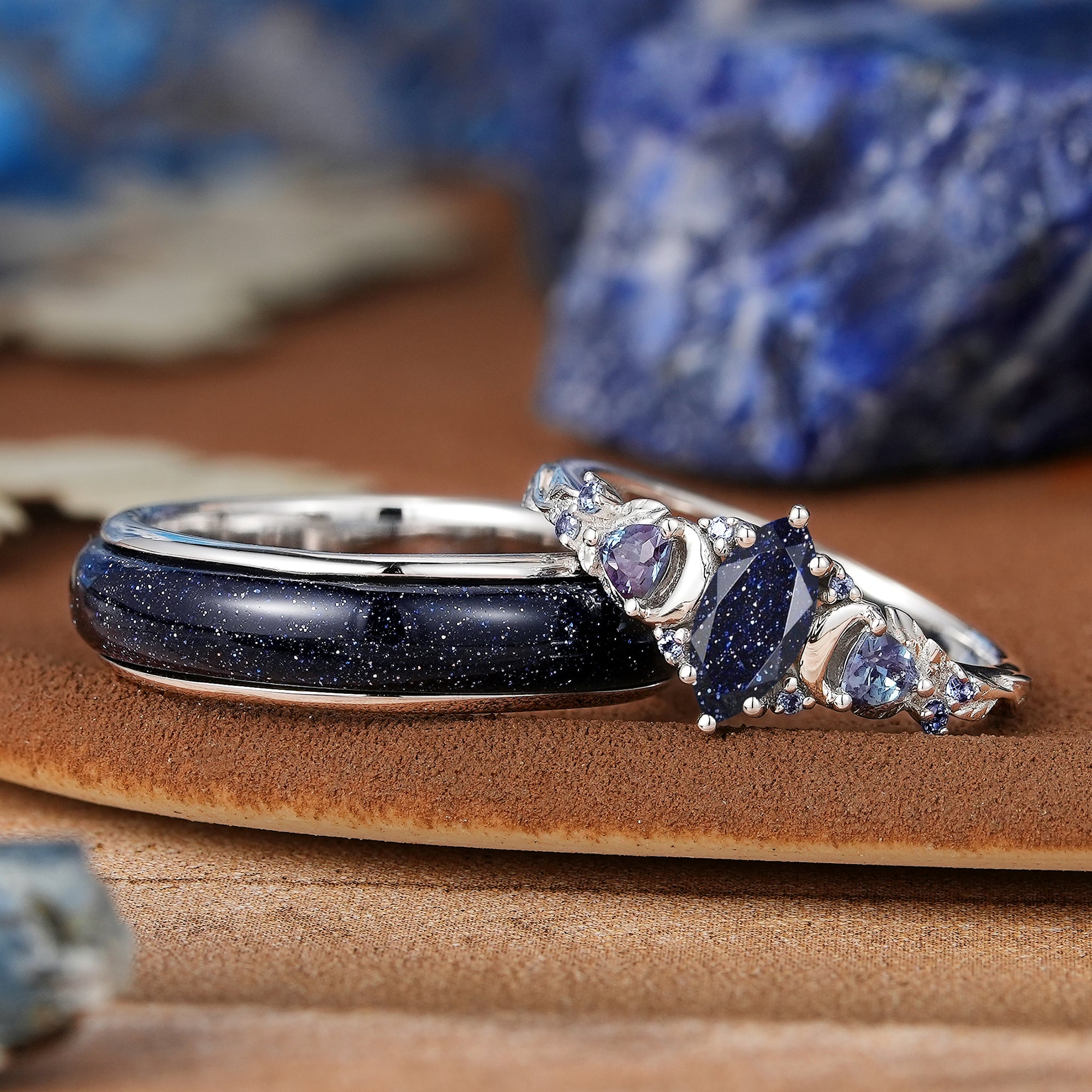 Moon Inspired |  White Gold Sandstone Couple Rings Nature Inspired Leaf Design Engagement Ring - LCCjewelry