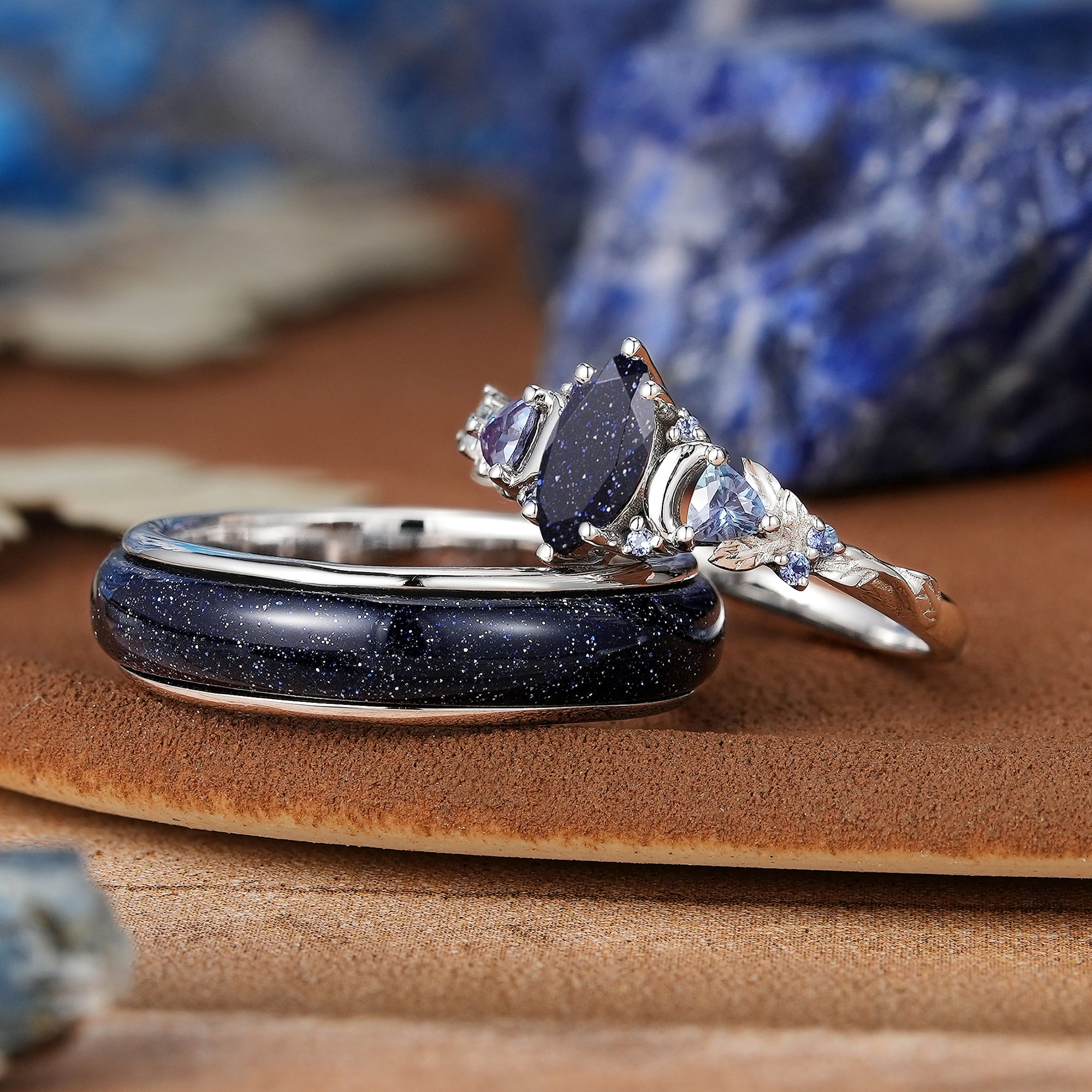 Moon Inspired |  White Gold Sandstone Couple Rings Nature Inspired Leaf Design Engagement Ring - LCCjewelry