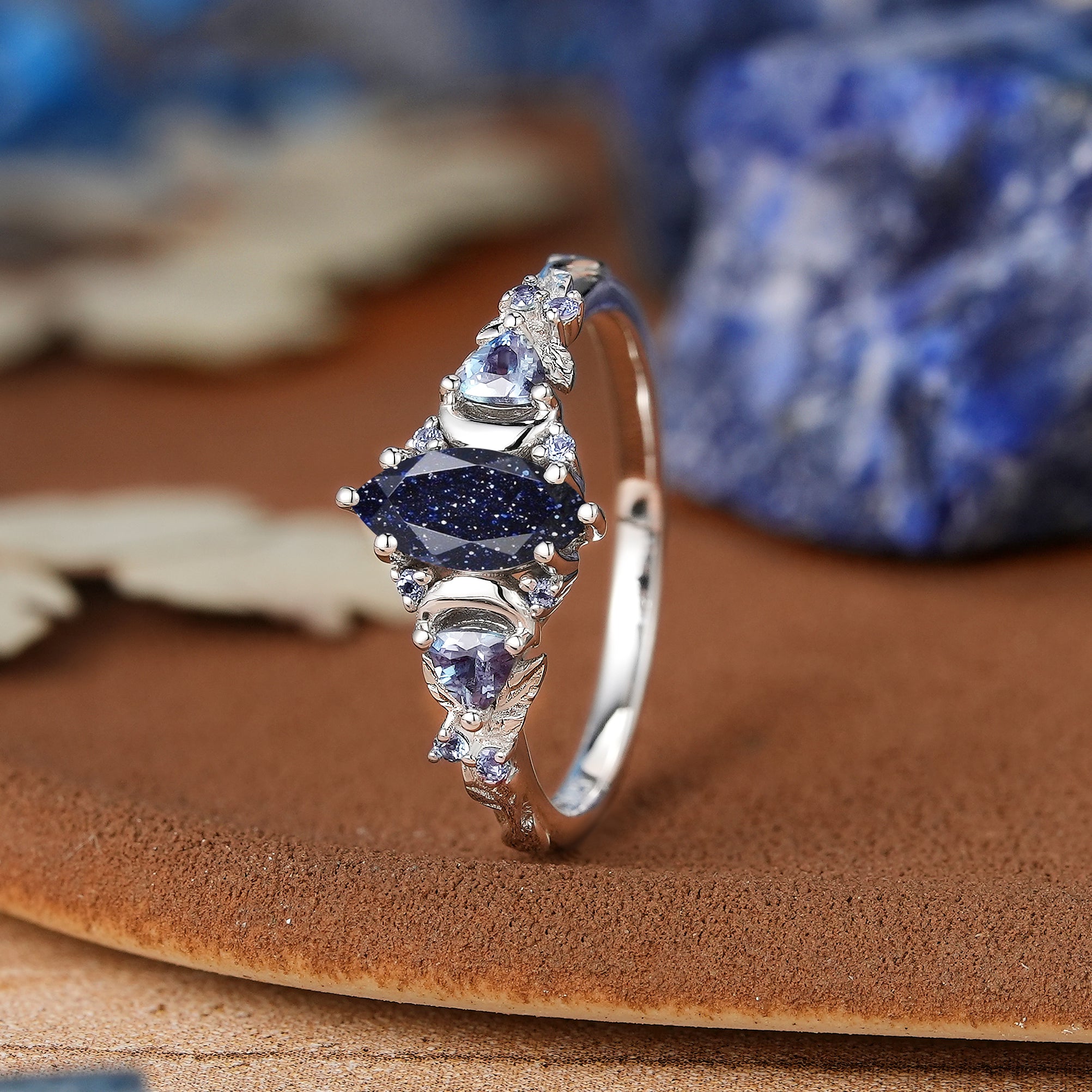 Moon Inspired | Unique Sandstone Leaf & Moon Design Engagement Ring Yellow Gold Promise Rings For Her - LCCjewelry