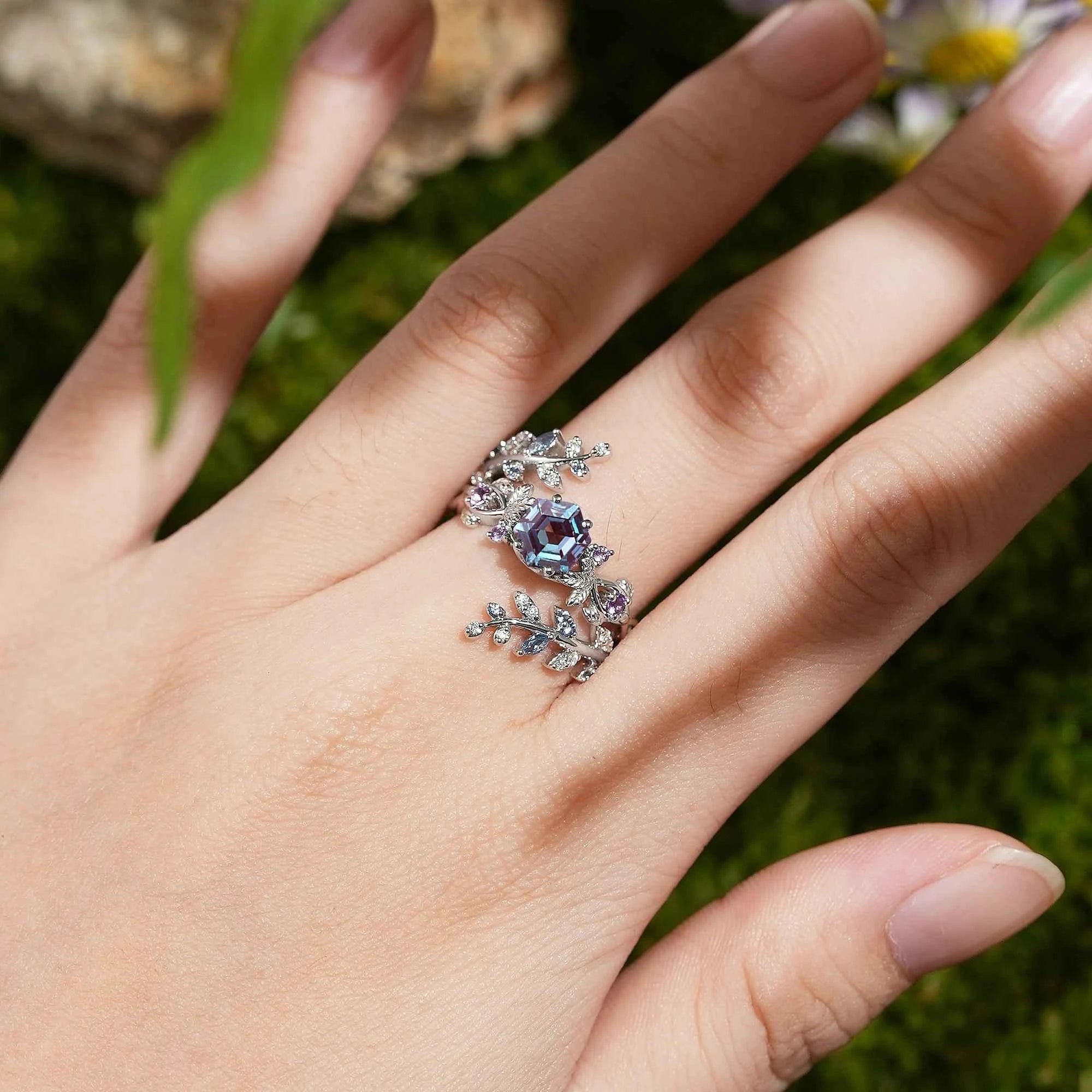 LCCjewelry | One of a Kind Hexagon Cut Alexandrite Engagement Ring Set
