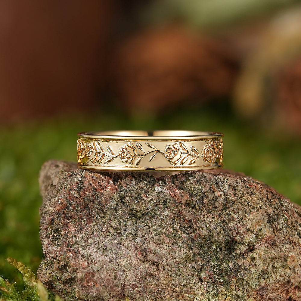 Floral Inspired | Unisex Rose Floral Wedding BandJune Birth Flower