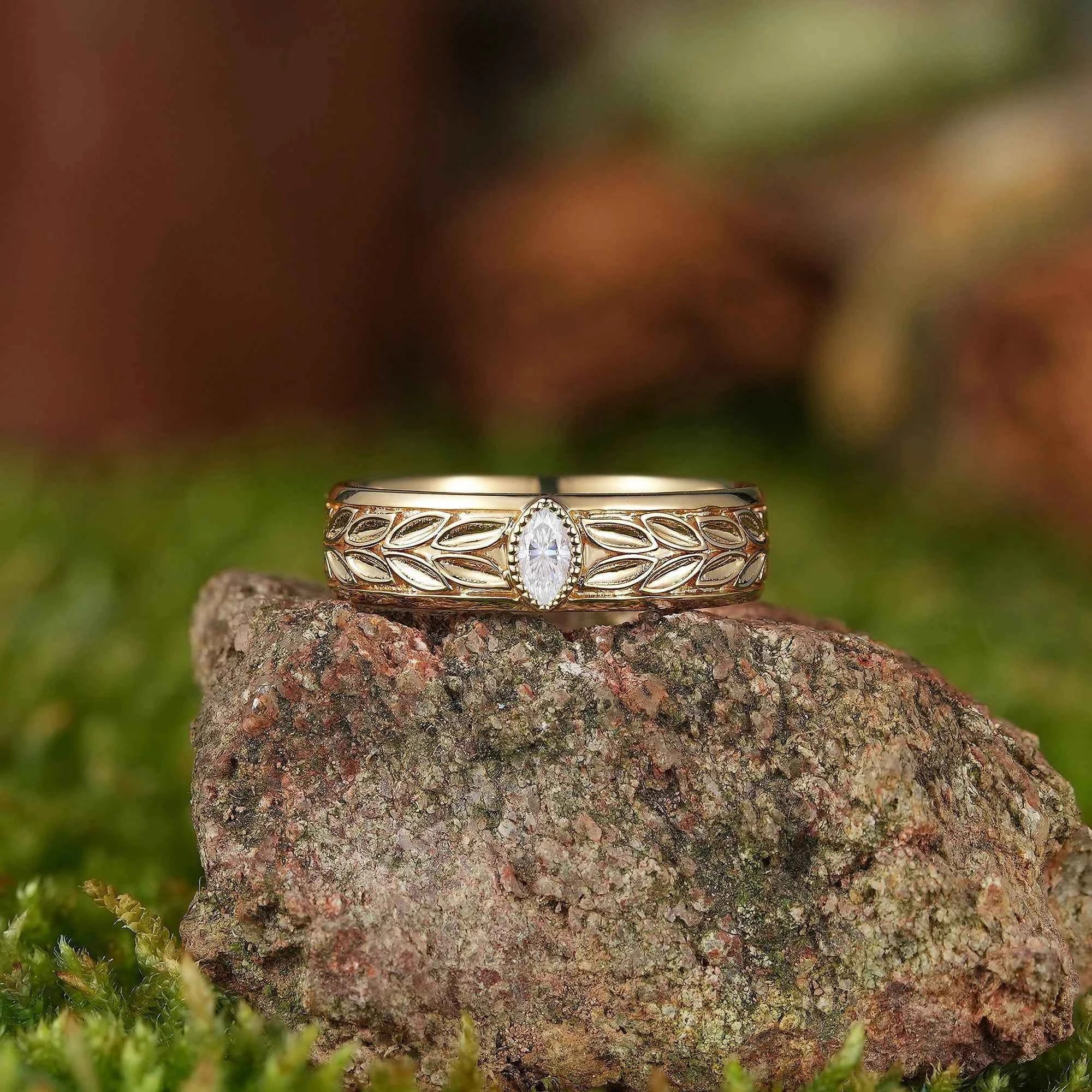Leaf Inspired | Olive Leaf Design Moissanite Wedding Band