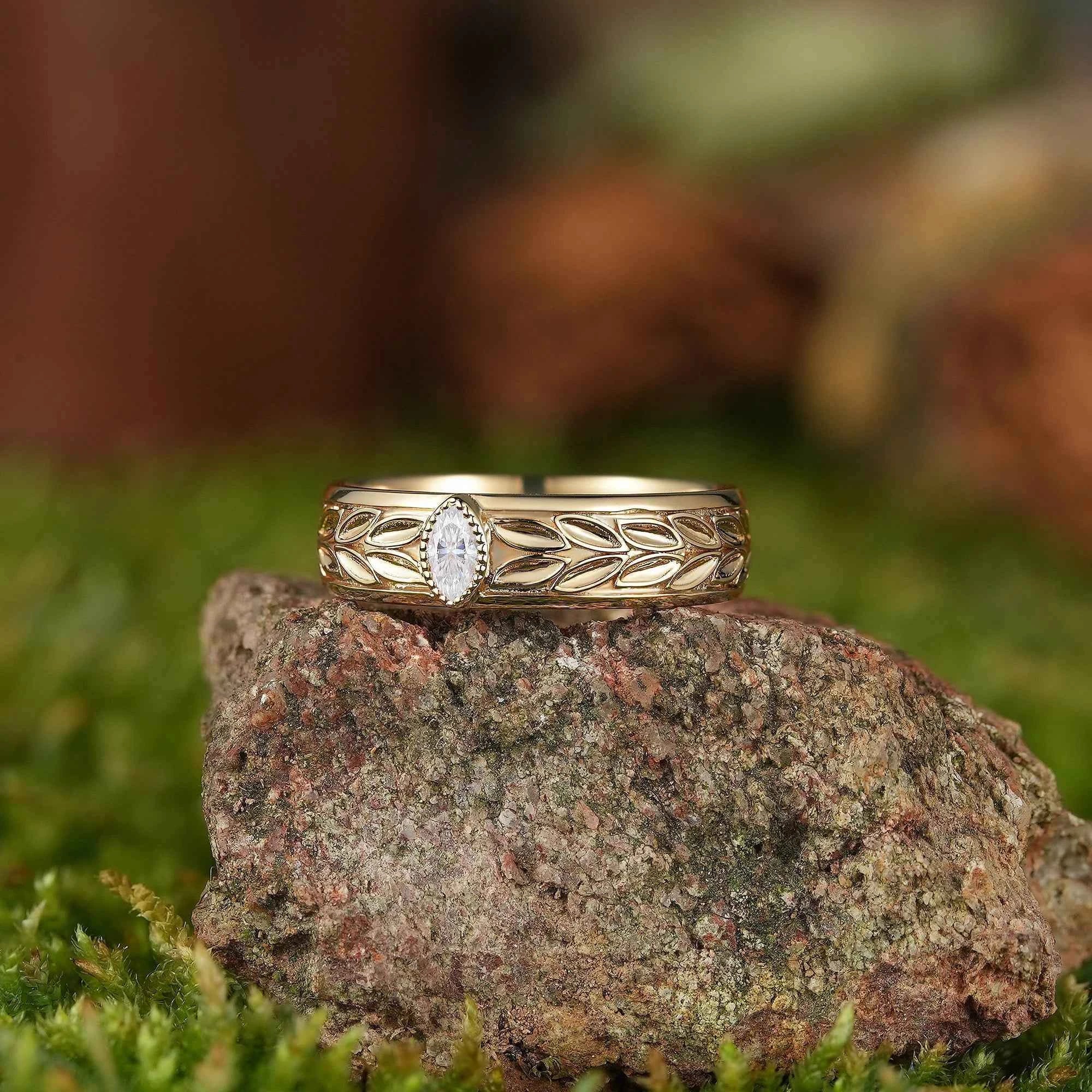 Leaf Inspired | Olive Leaf Design Moissanite Wedding Band