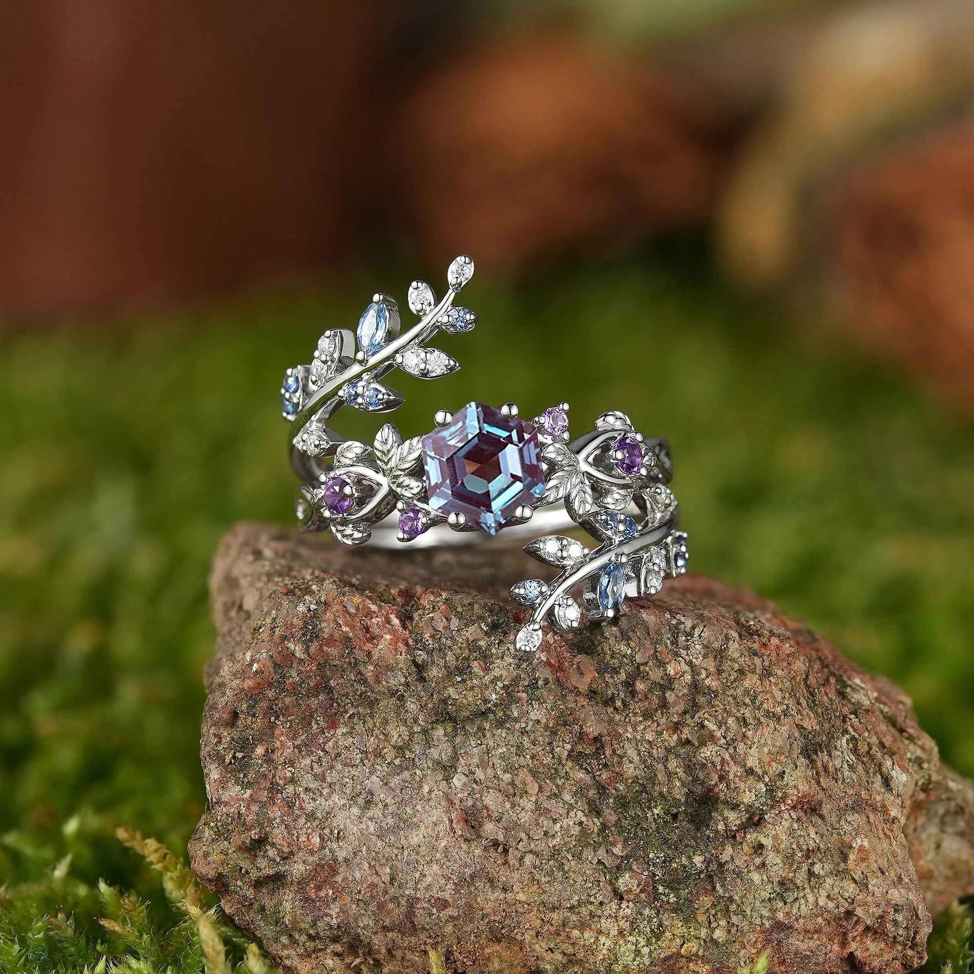 LCCjewelry | One of a Kind Hexagon Cut Alexandrite Engagement Ring Set