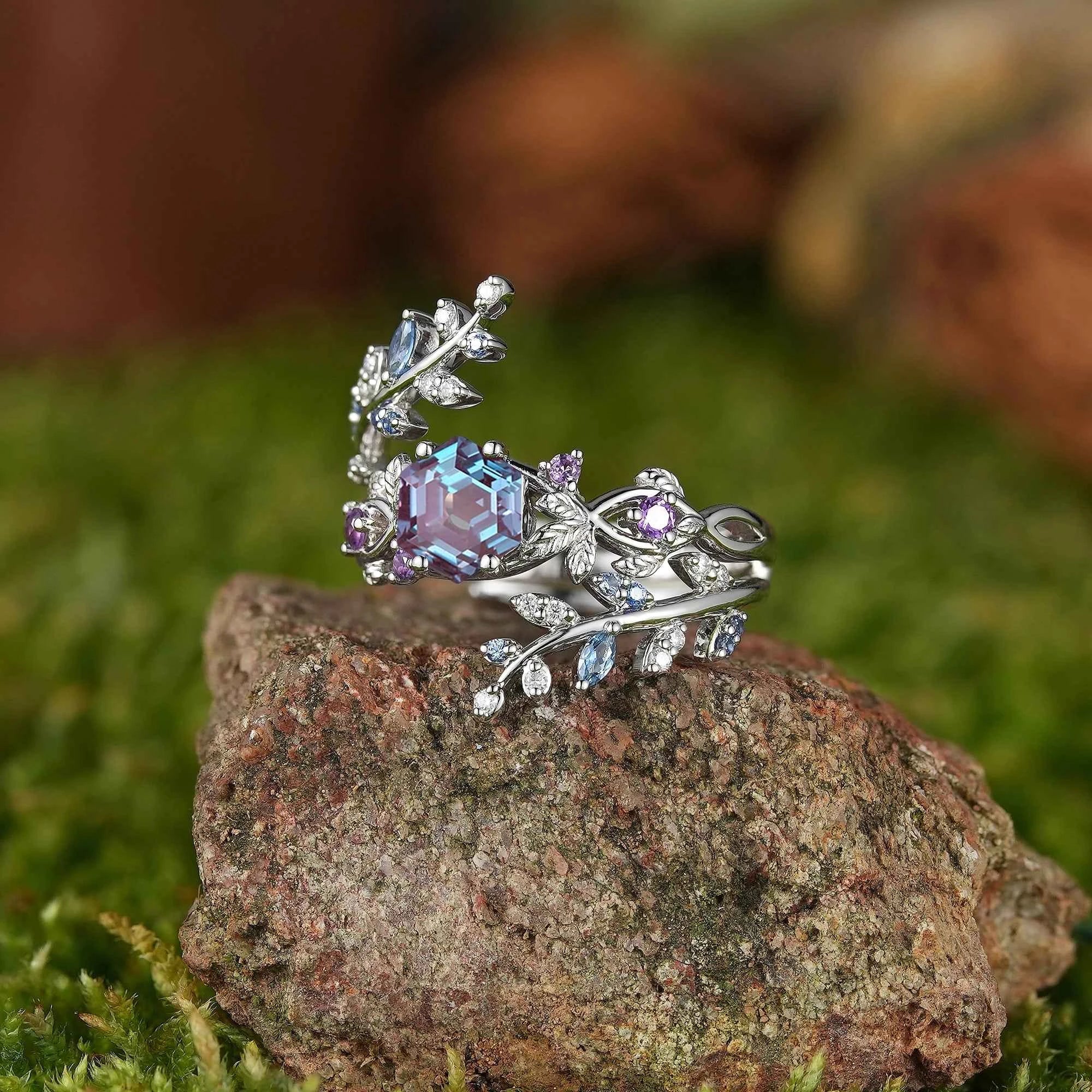 LCCjewelry | One of a Kind Hexagon Cut Alexandrite Engagement Ring Set