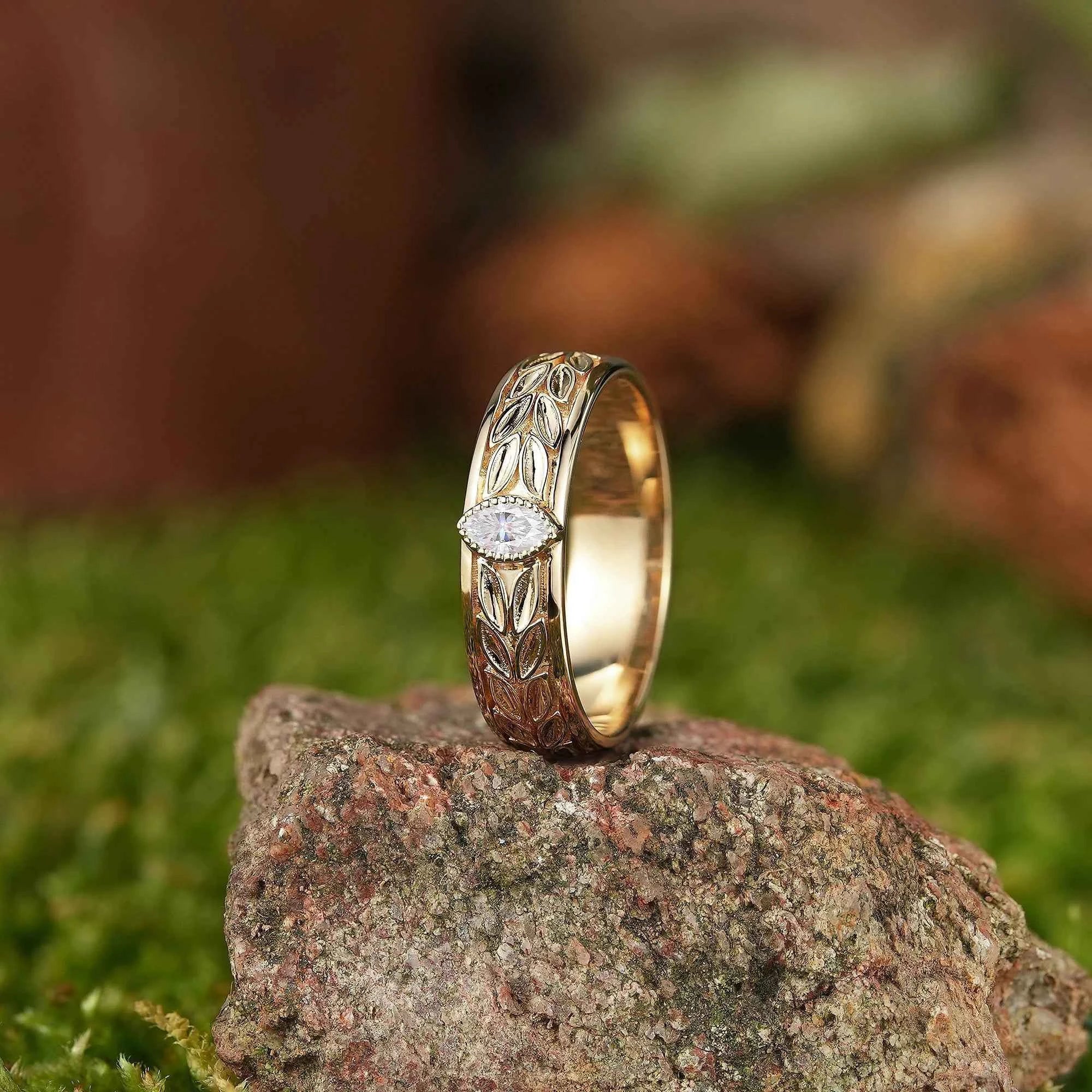 Leaf Inspired | Olive Leaf Design Moissanite Wedding Band