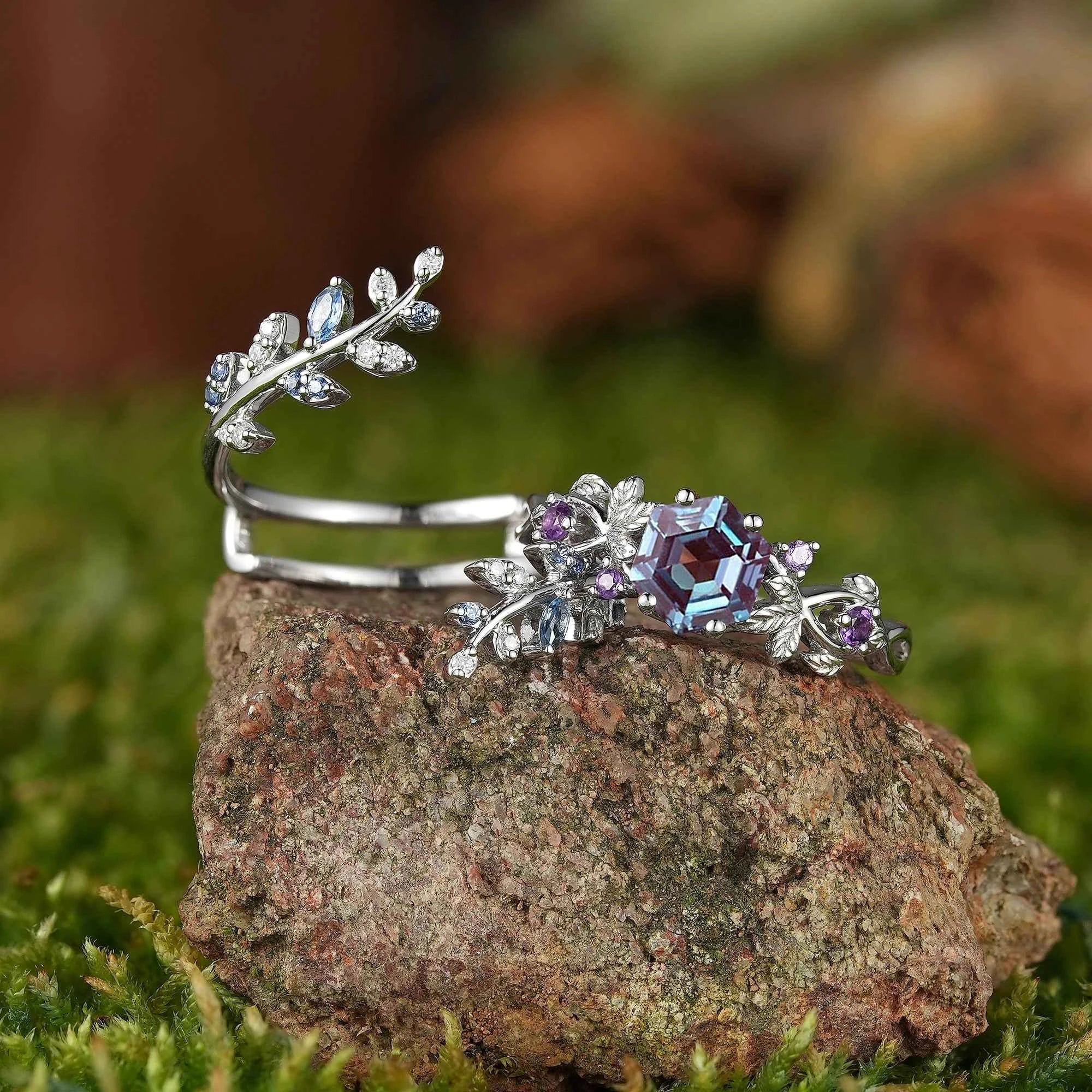 LCCjewelry | One of a Kind Hexagon Cut Alexandrite Engagement Ring Set