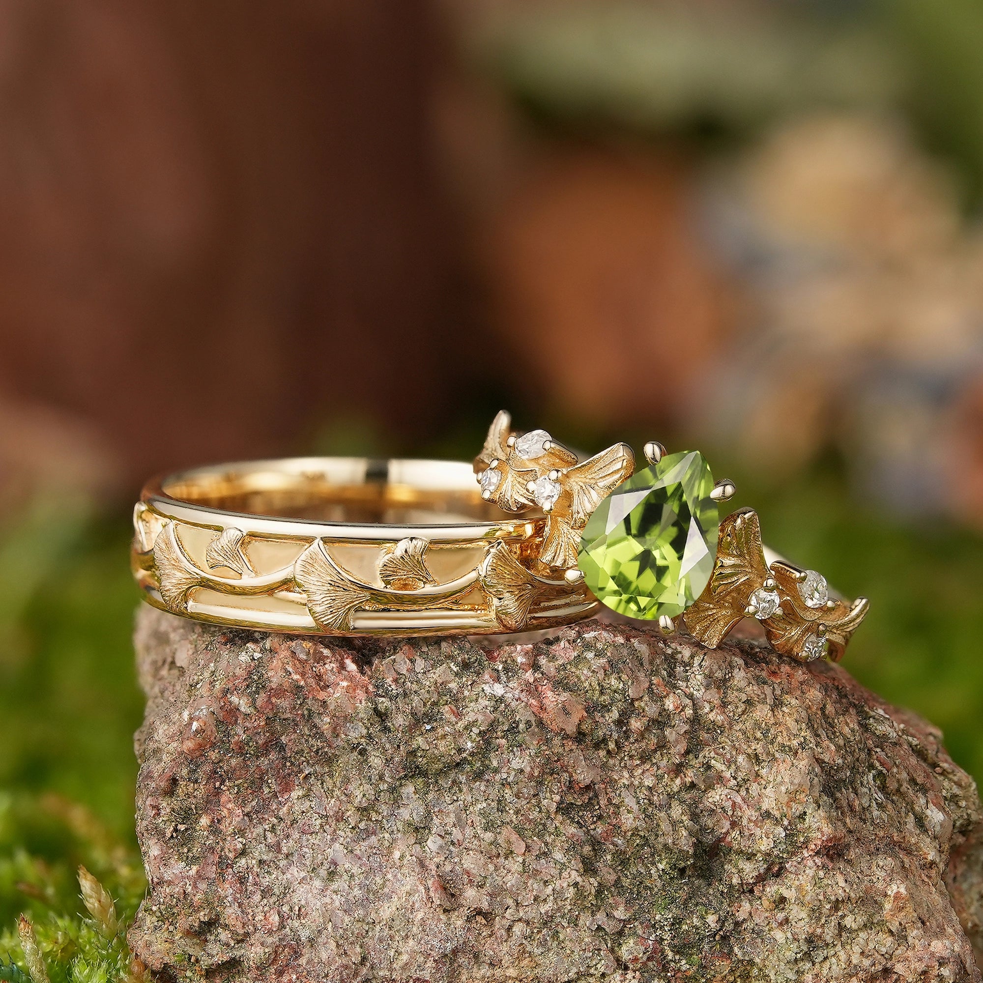 Leaf Inspired | Yellow Gold Ginkgo Leaf Couple Rings Set 2pcs