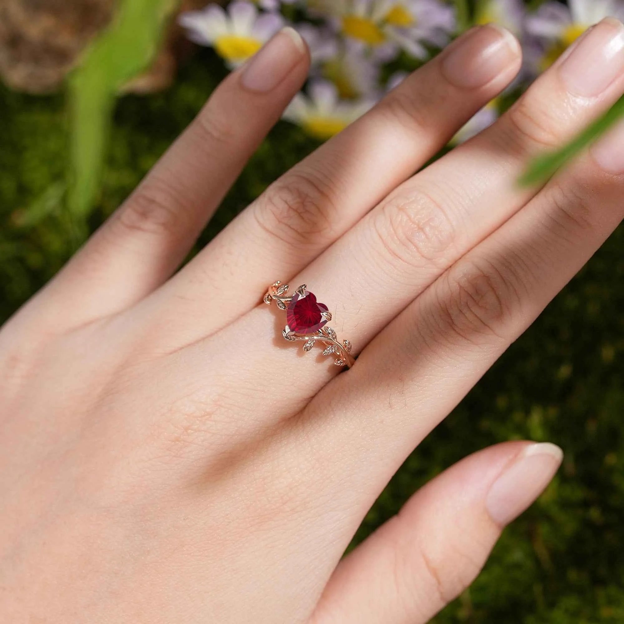 Leaf Inspired | Vintage Heart Cut Fireworks Ruby Engagement Ring
