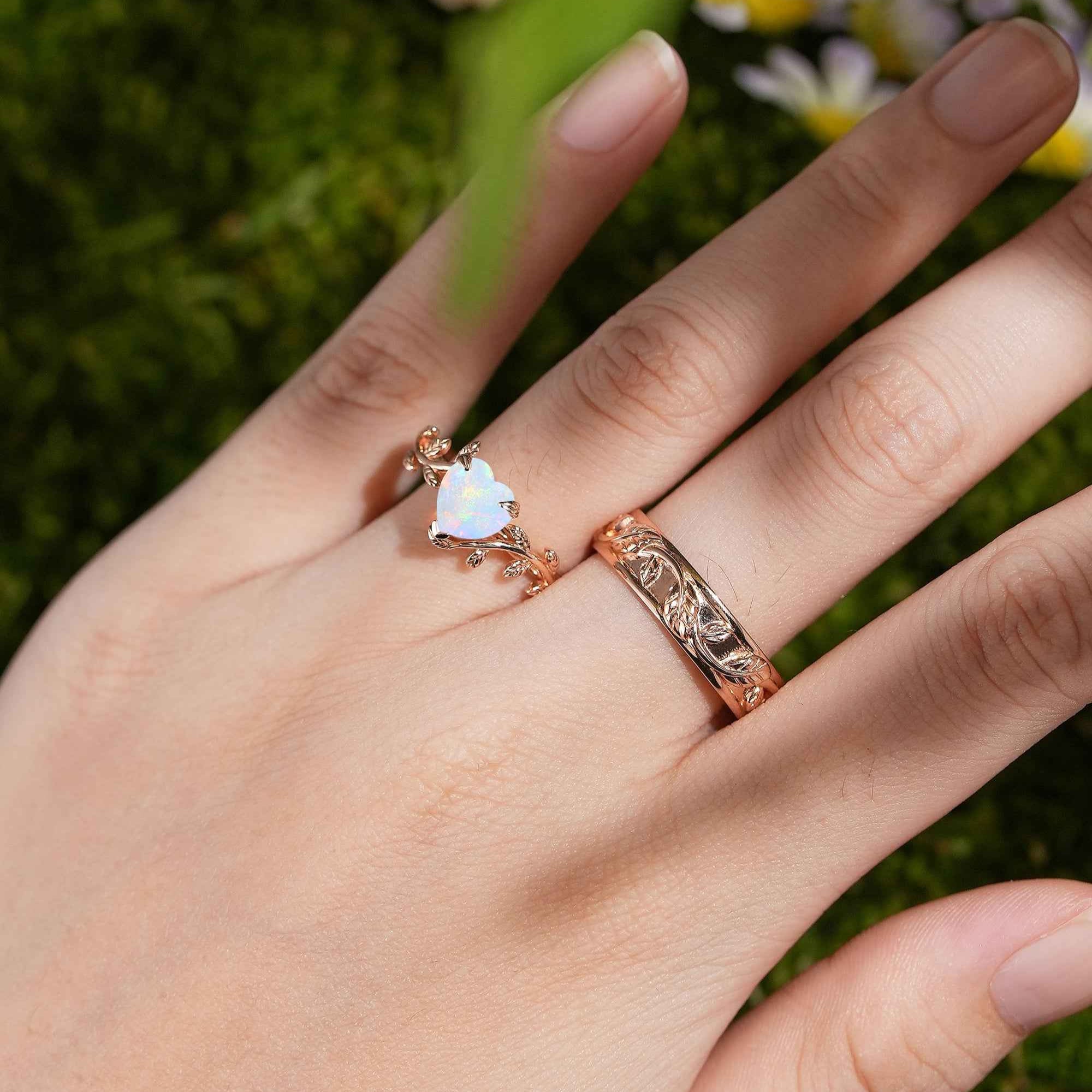 LCCjewelry | Heart Cut Natural Opal Couple Rings Leaf Design Wedding Ring Set