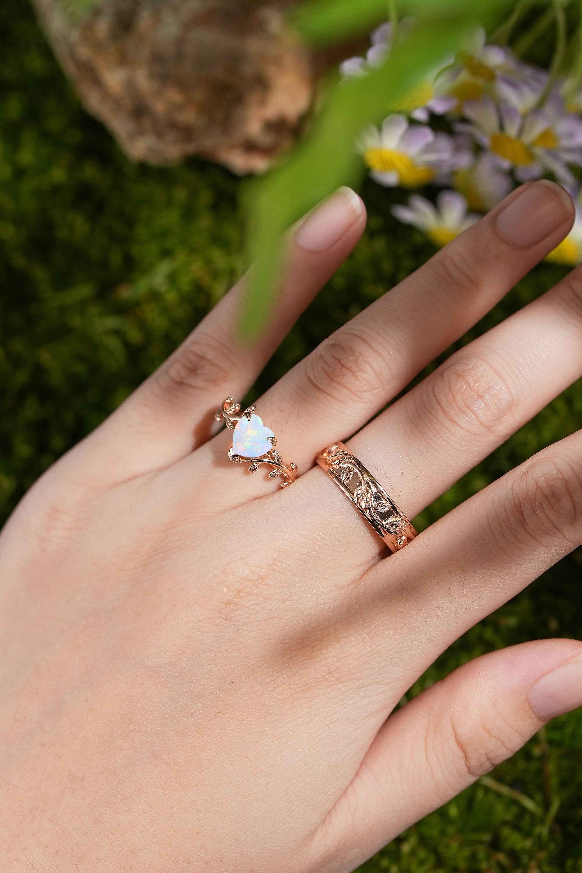 LCCjewelry | Heart Cut Natural Opal Couple Rings Leaf Design Wedding Ring Set