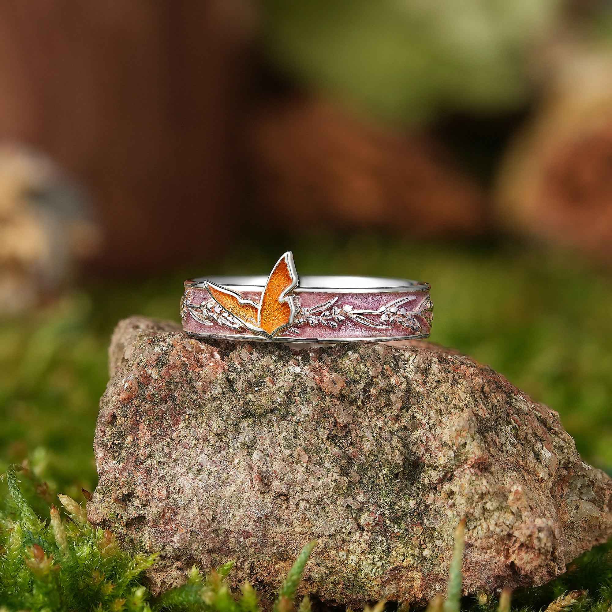 LCCjewelry | Unique Dead Leaf Butterfly Enamel Wedding Band